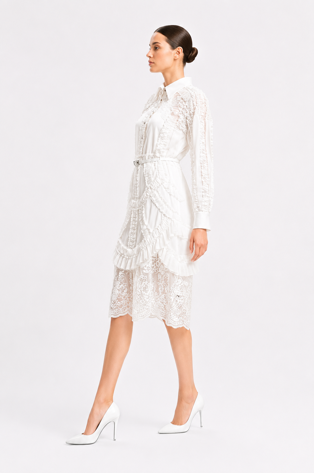 Thread Embroidered Ruffle Midi Dress