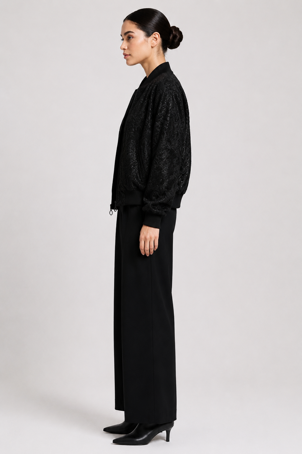 Embroidered Crepe Bomber Jacket