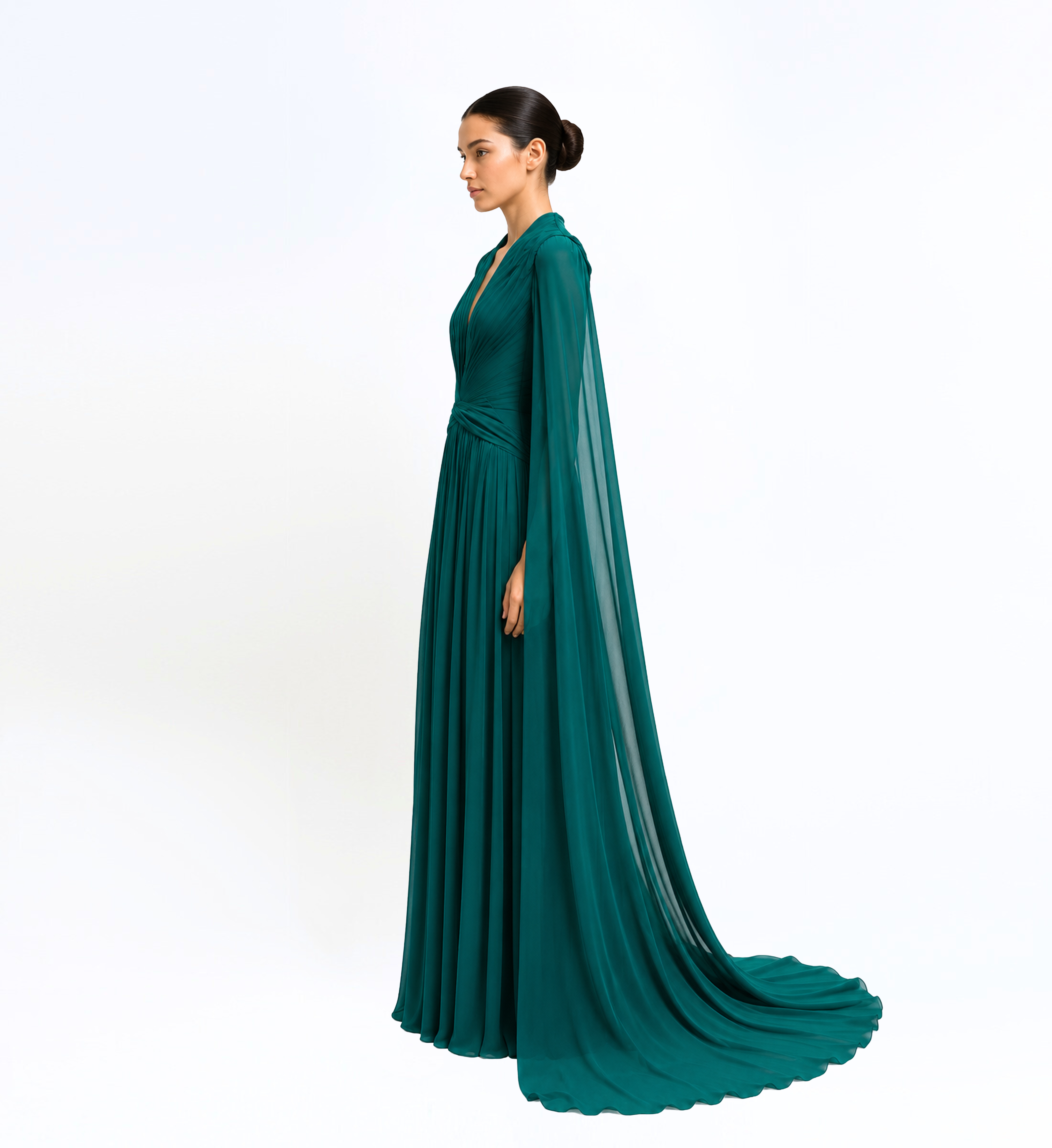 Silk Chiffon Long Dress With Cape