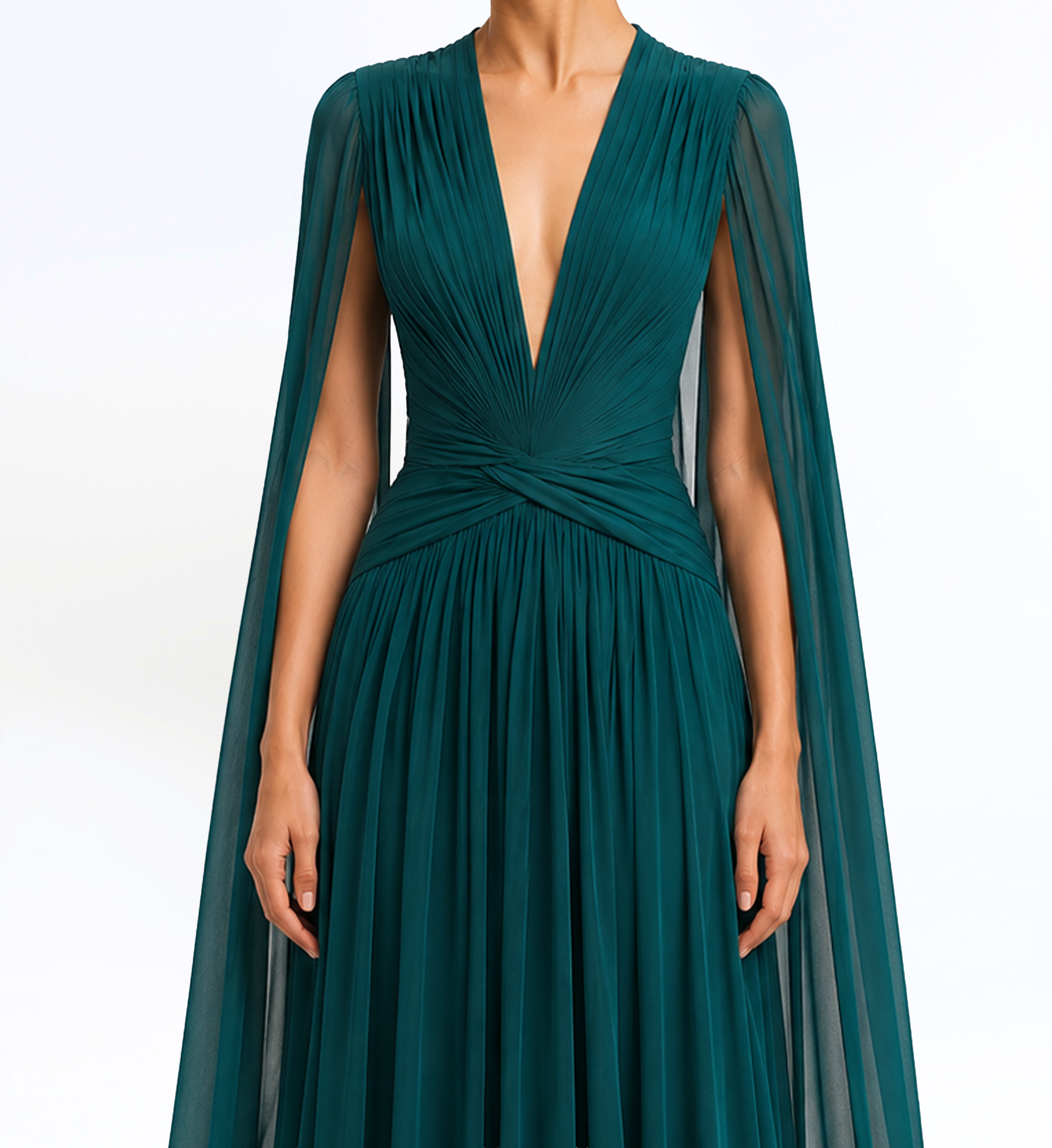 Silk Chiffon Long Dress With Cape