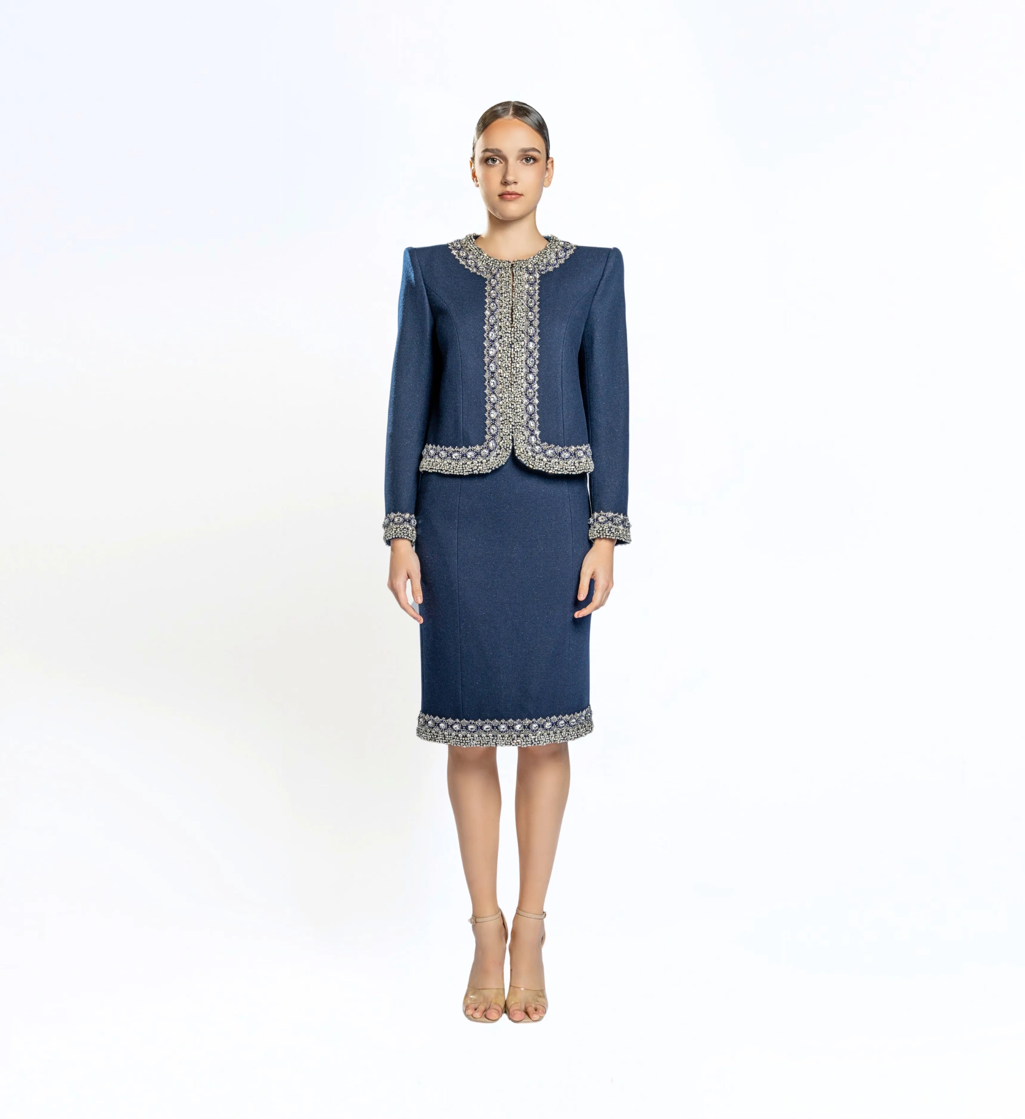 Beaded Wool Jacket, Short and Skirt – Navy Blue