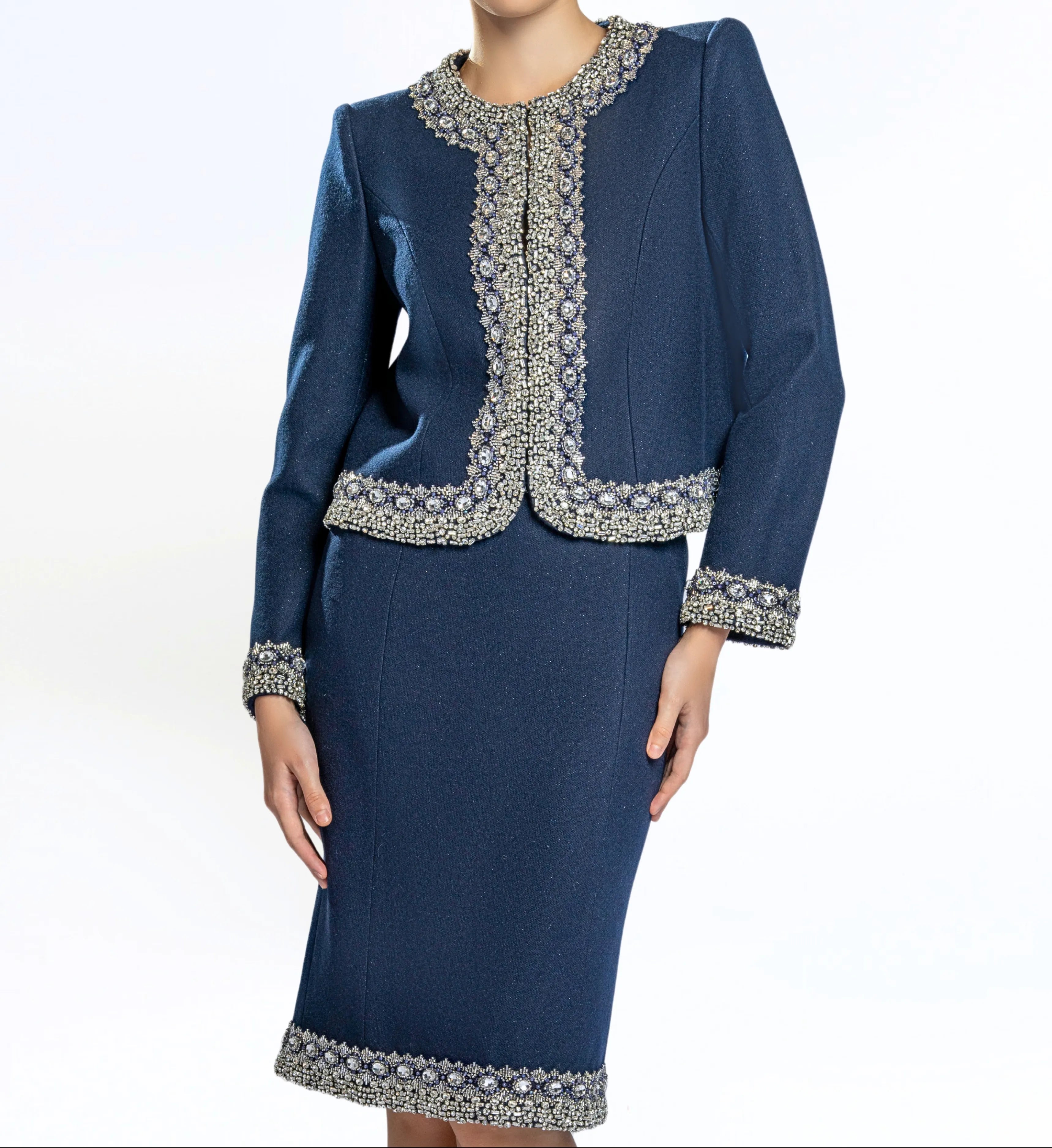 Beaded Wool Jacket, Short and Skirt – Navy Blue