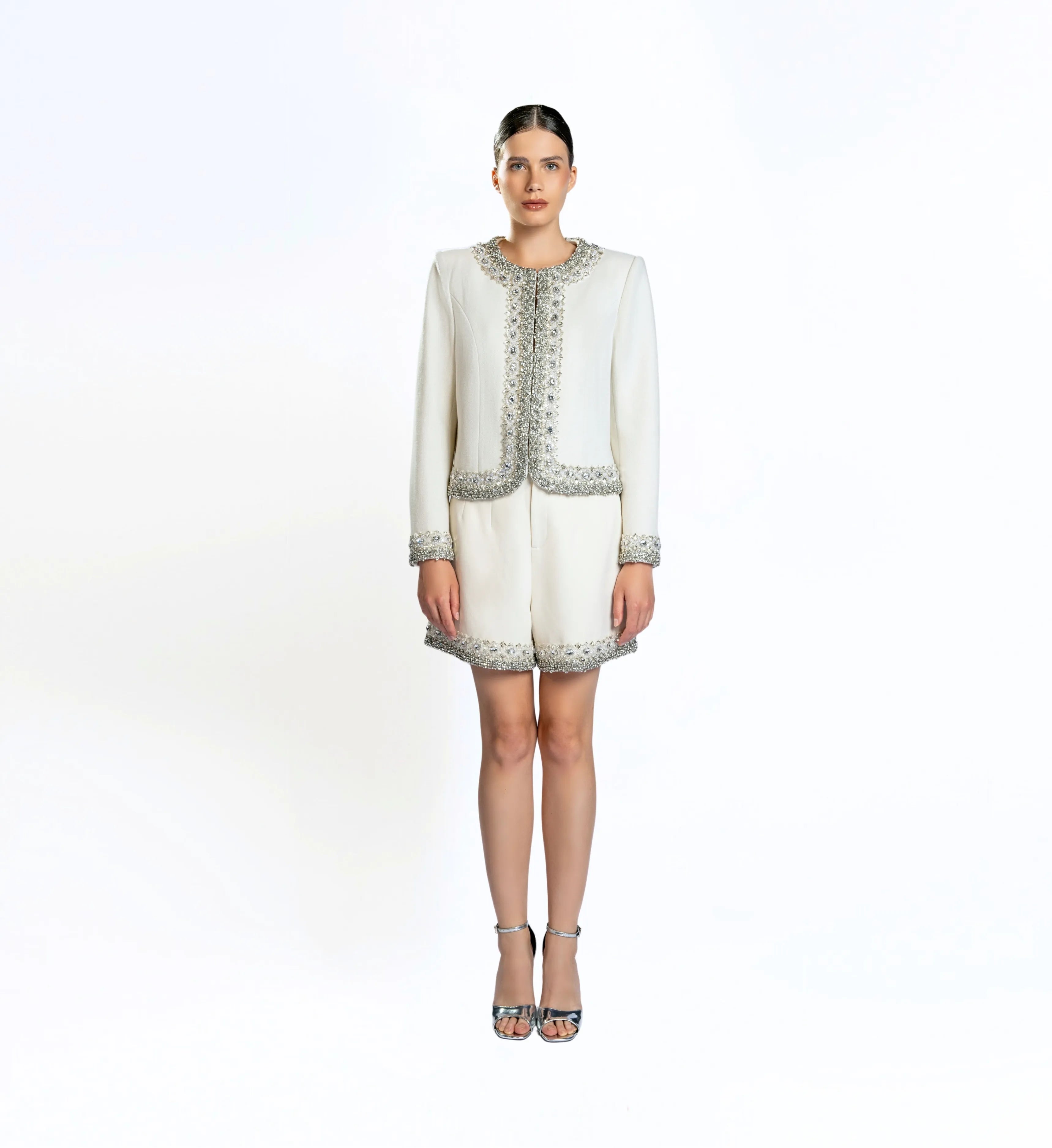 Beaded Wool Jacket, Short and Skirt – Off White