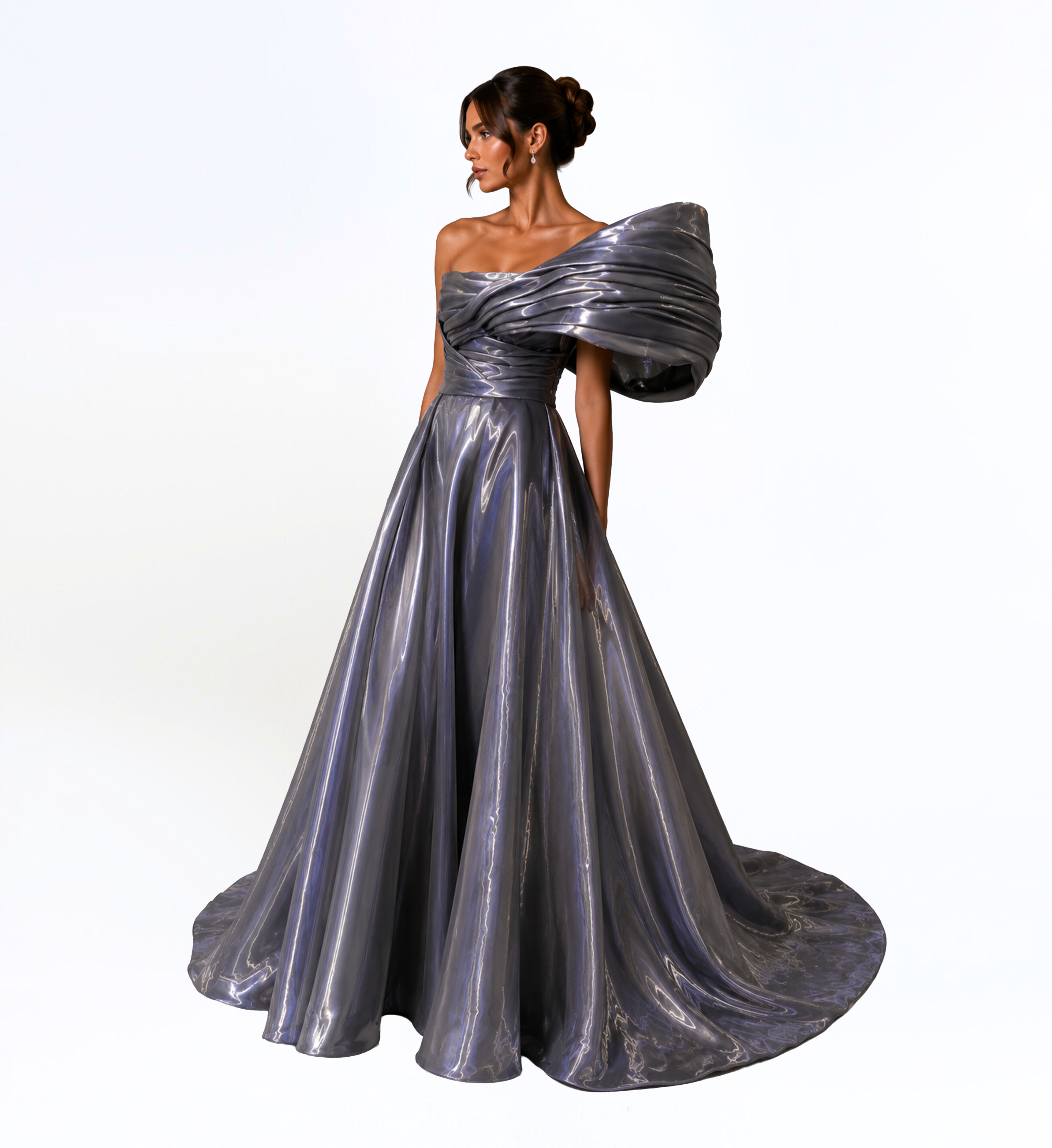 IRIDESCENT SILVER ONE SHOULDER BALL GOWN