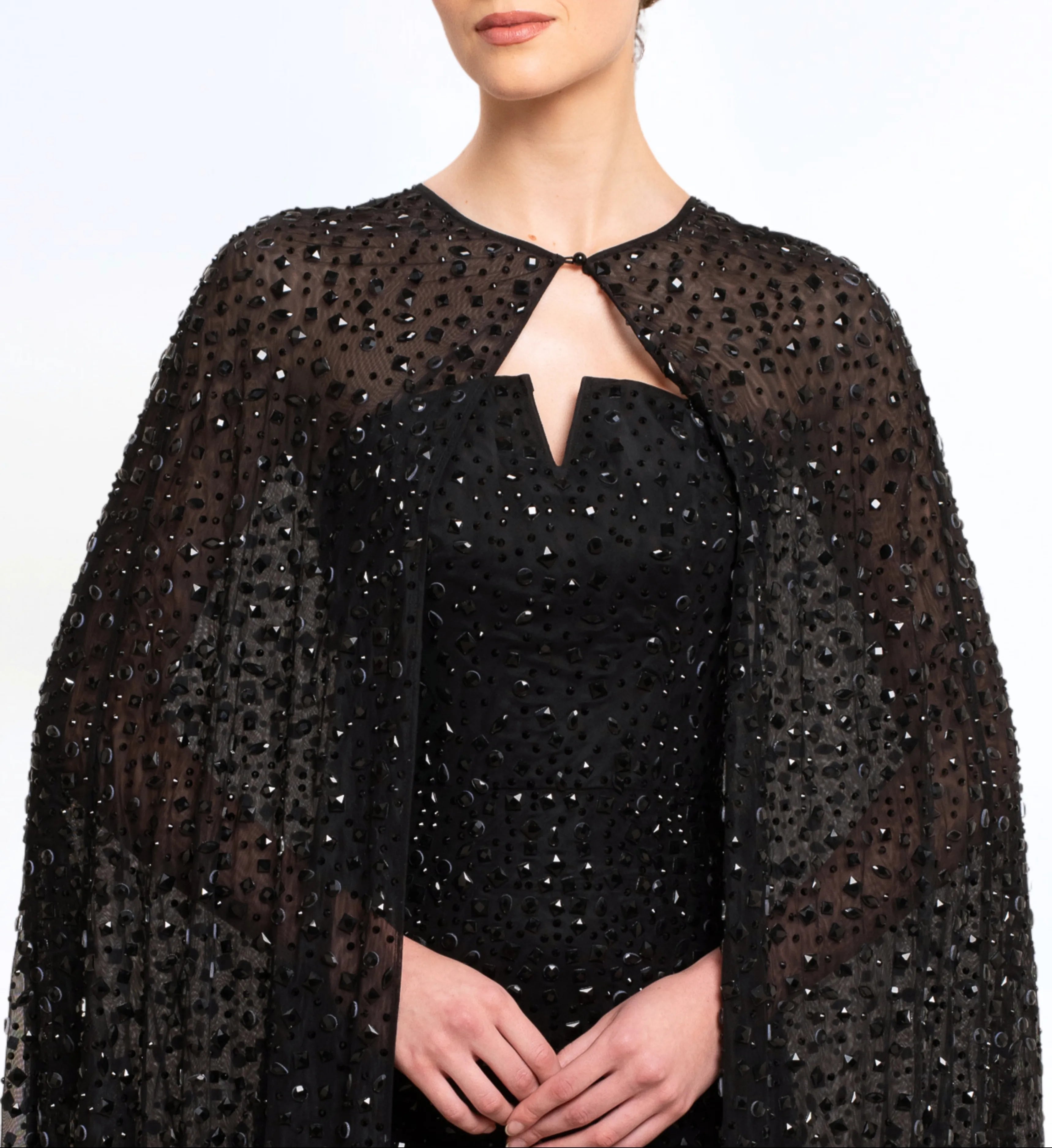 BEAD EMBROIDERED LONG DRESS WITH CAPE