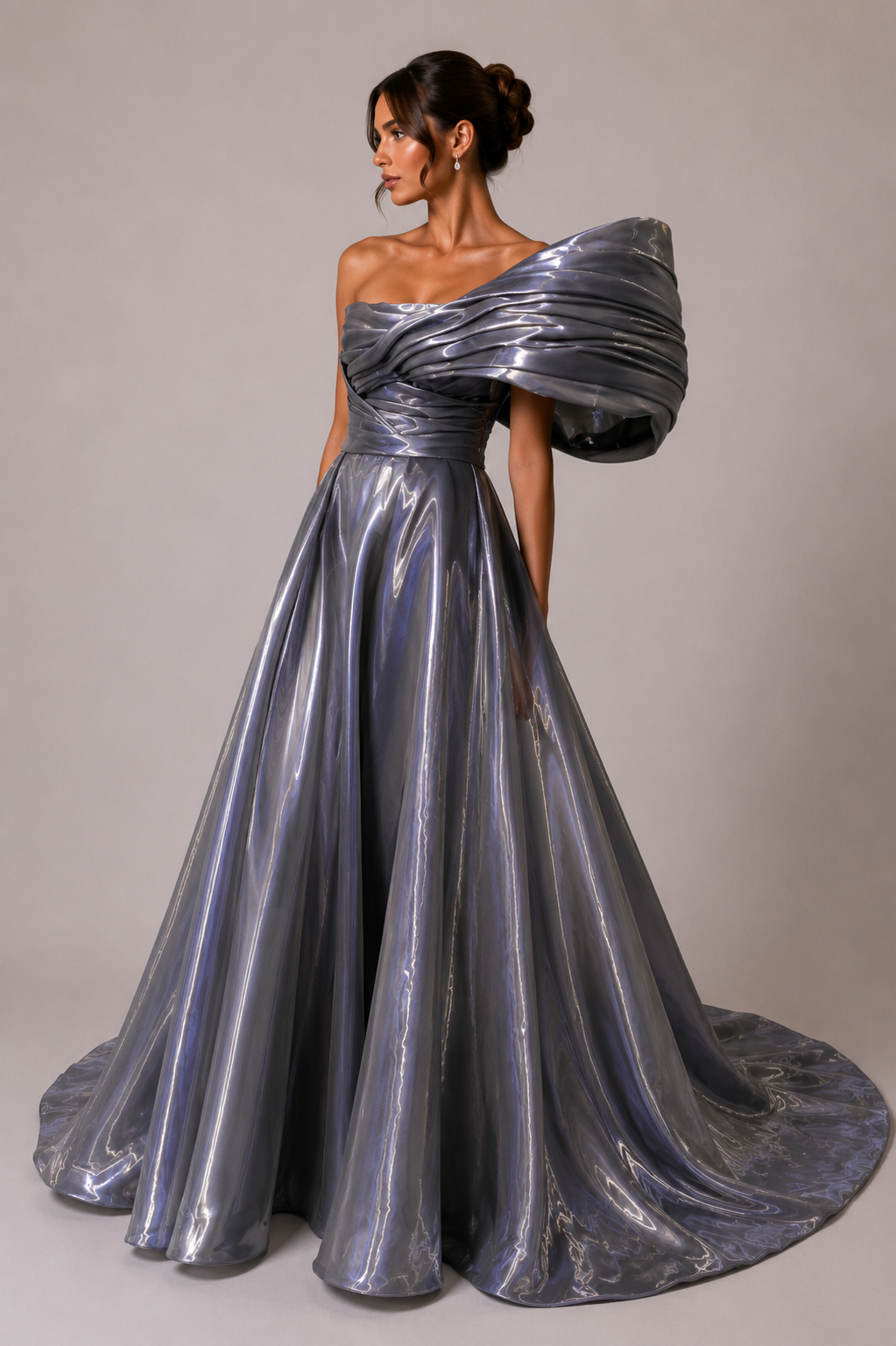 IRIDESCENT SILVER ONE-SHOULDER BALL GOWN