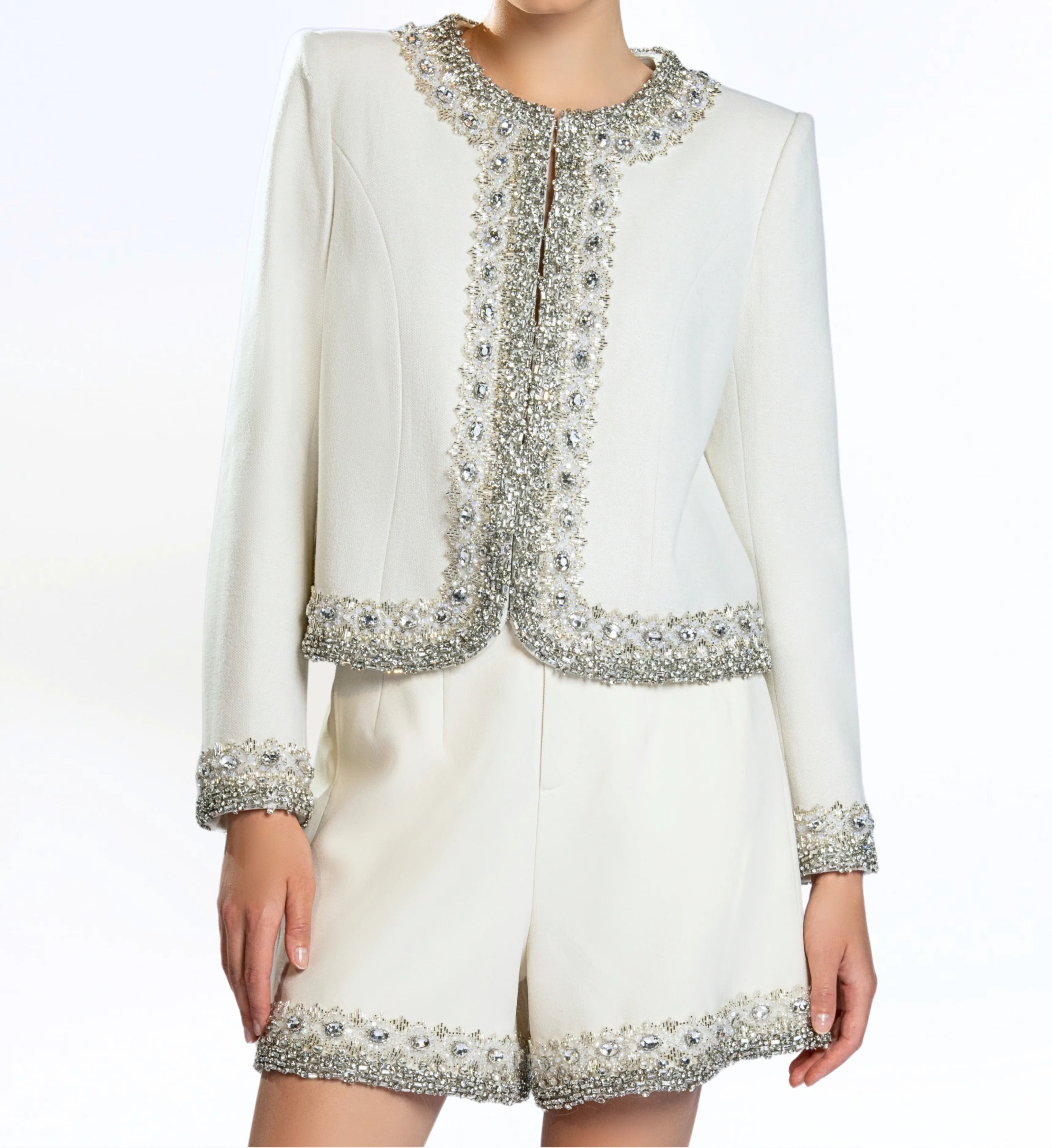 Beaded Wool Jacket, Short and Skirt – Off White