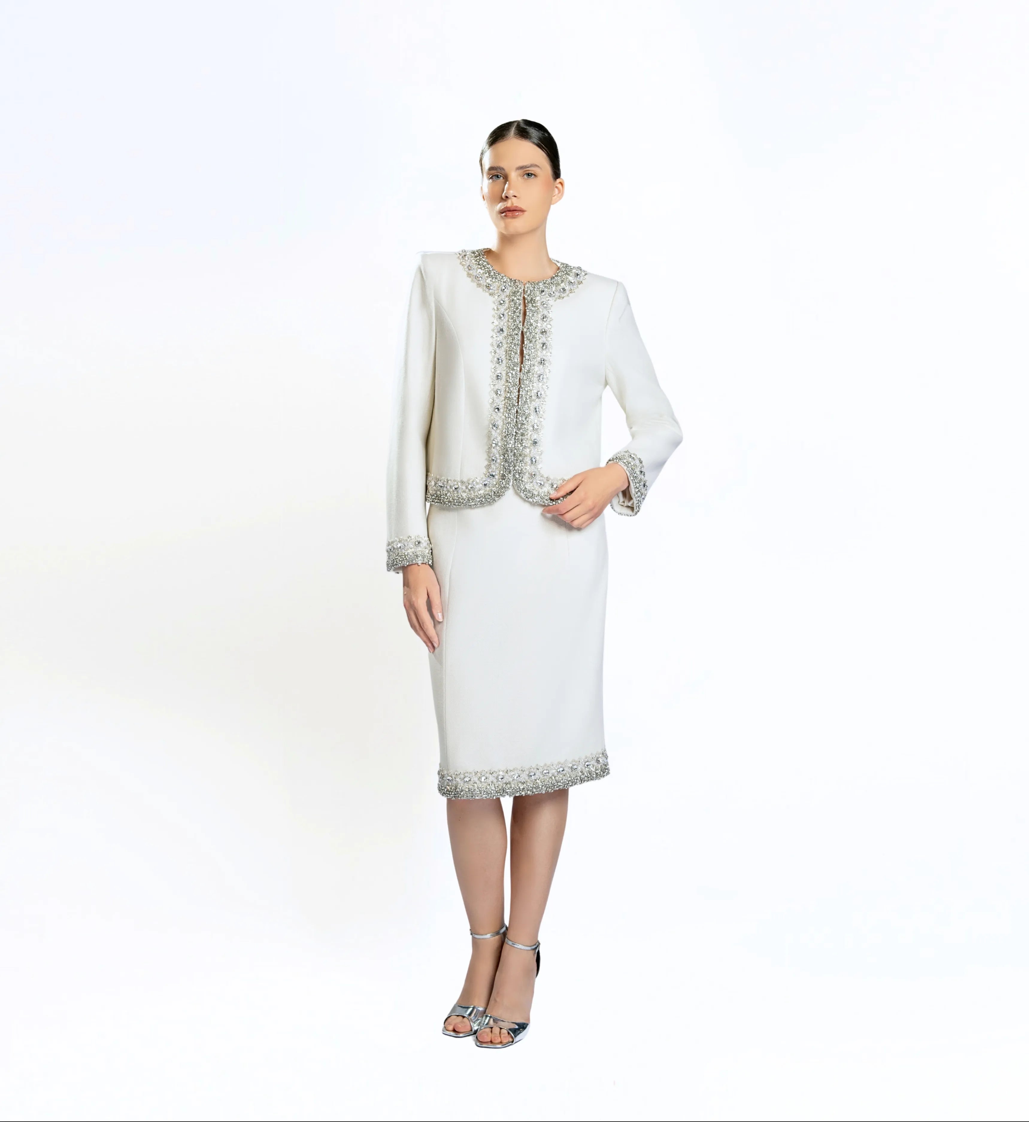 Beaded Wool Jacket, Short and Skirt – Off White
