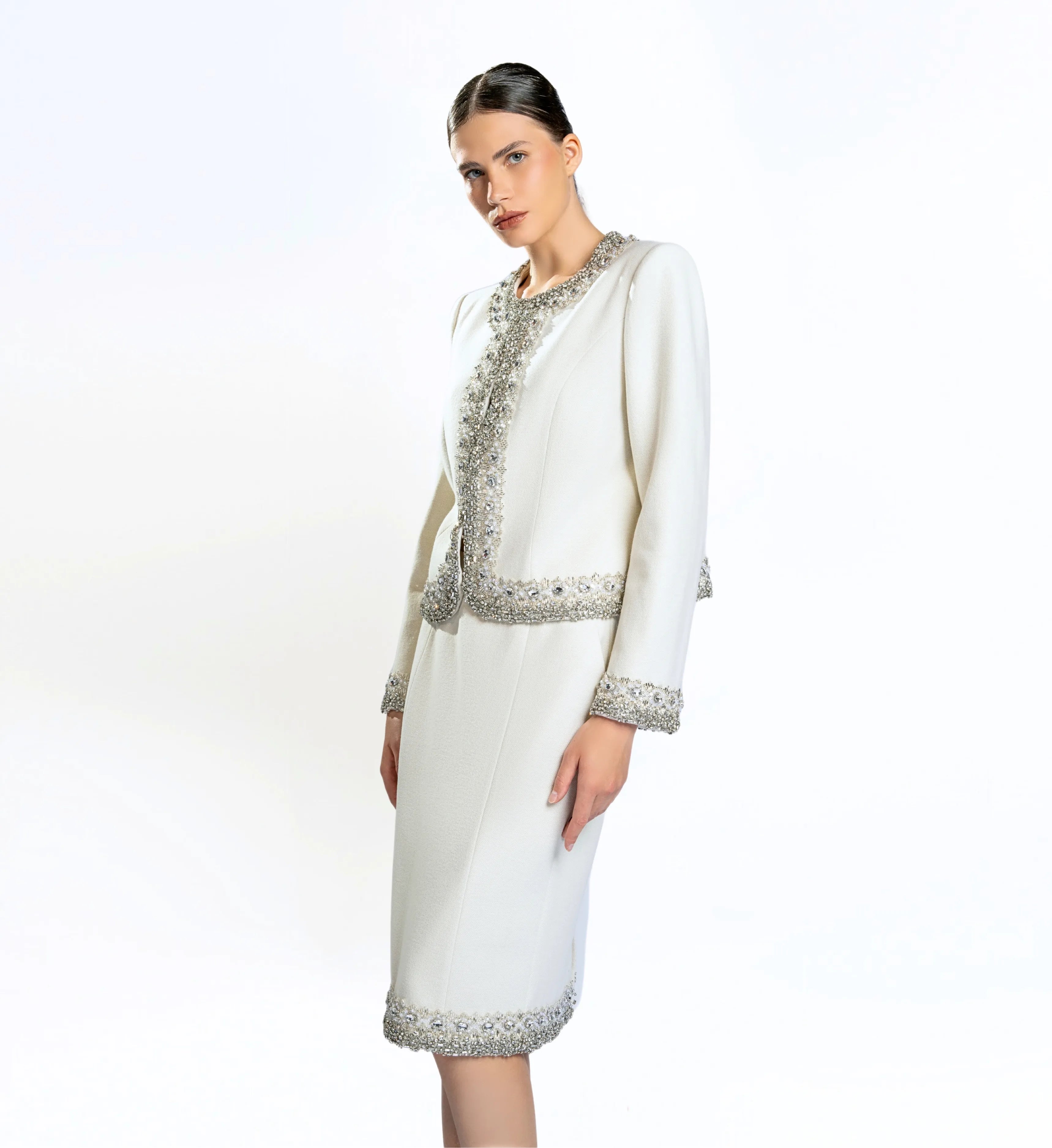 Beaded Wool Jacket, Short and Skirt – Off White