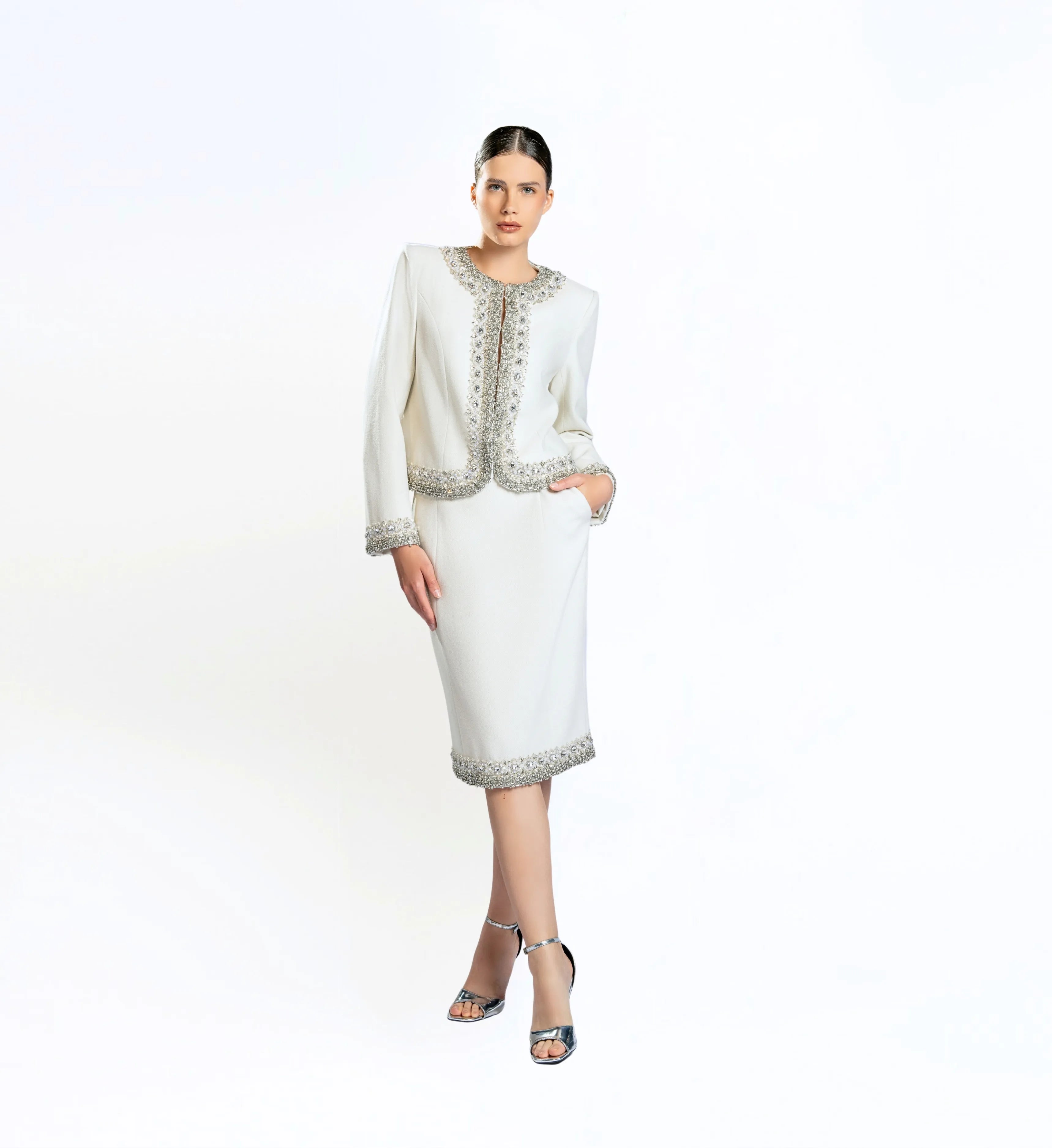 Beaded Wool Jacket, Short and Skirt – Off White