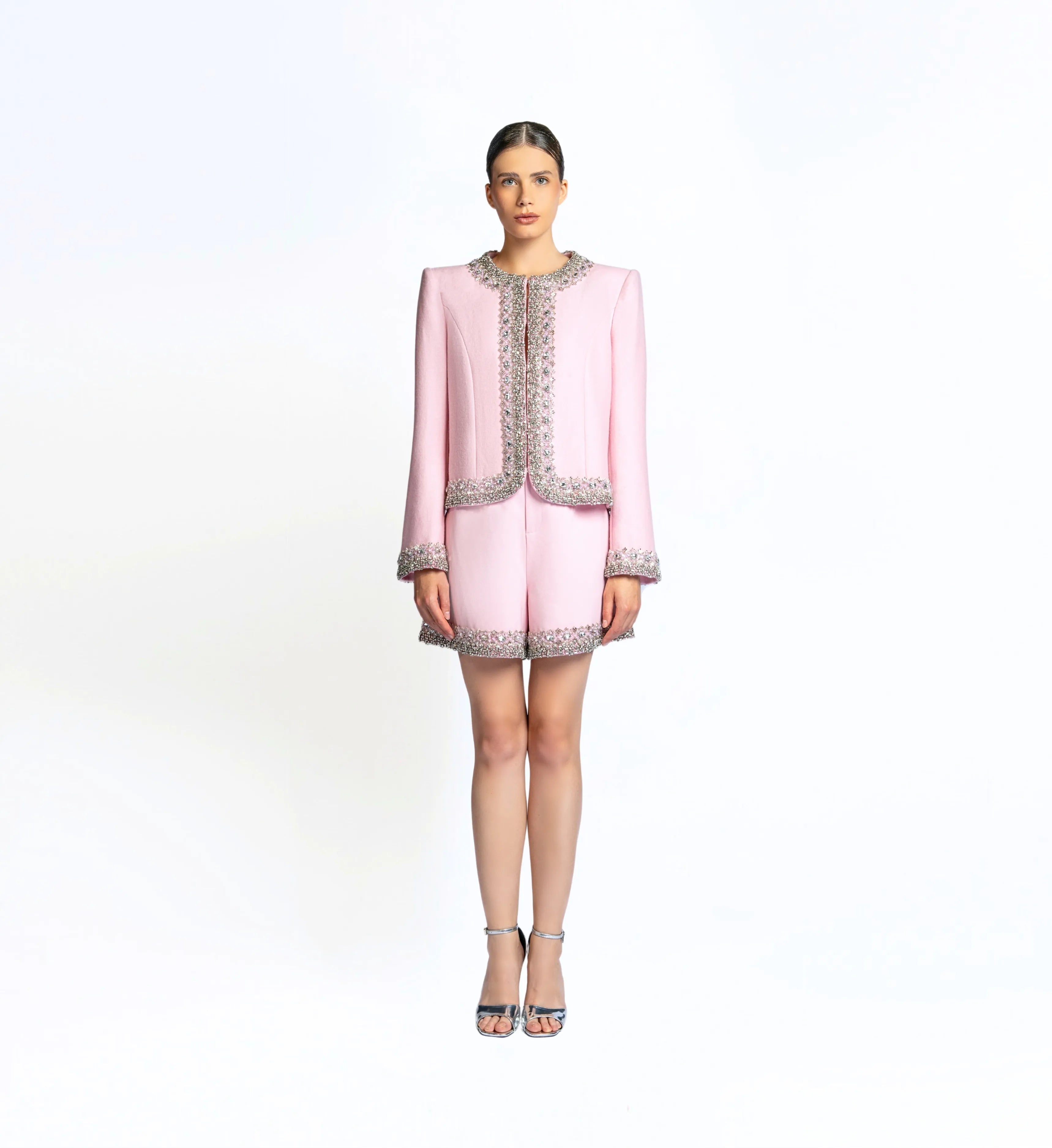 Beaded Wool Jacket, Short and Skirt – Pink Marsh Mallow
