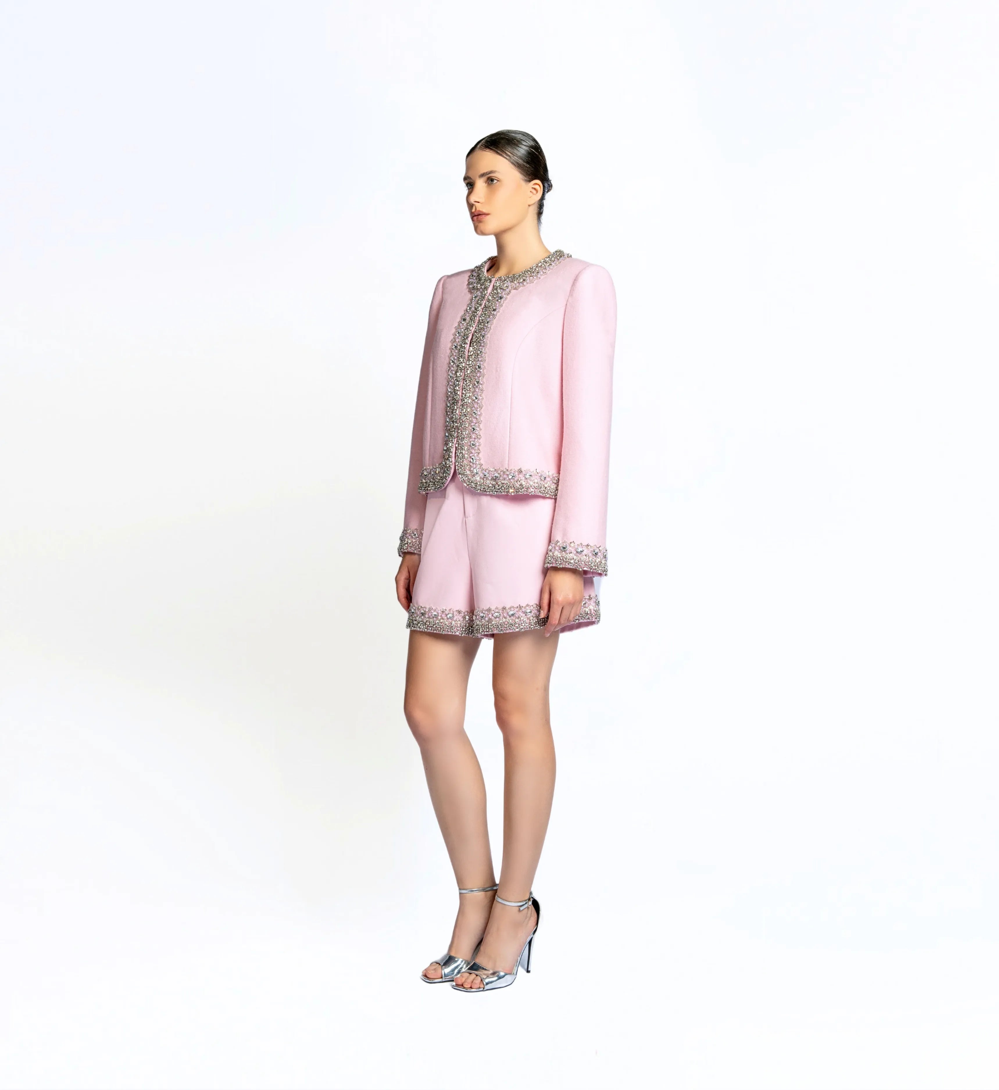 Beaded Wool Jacket, Short and Skirt – Pink Marsh Mallow
