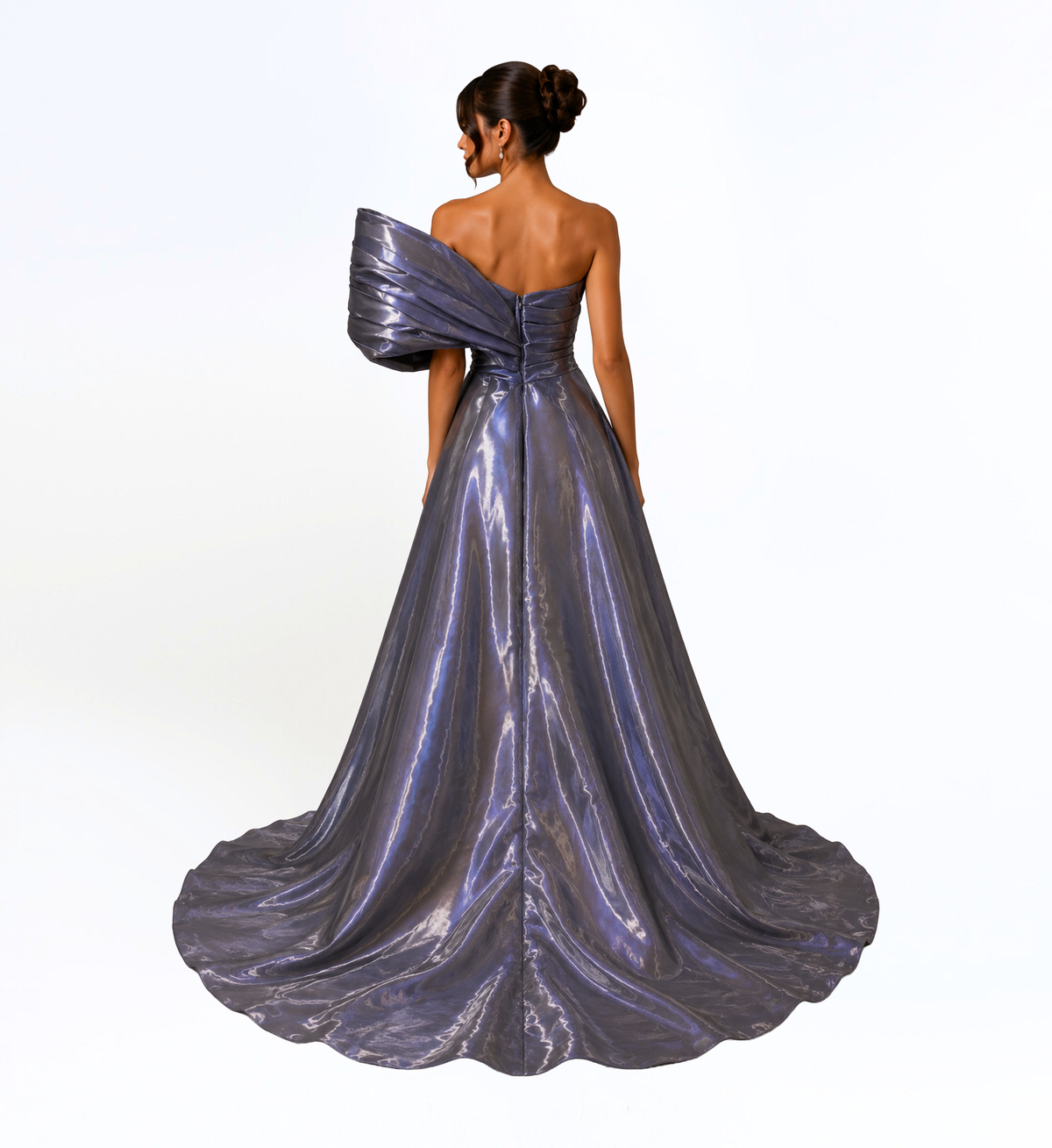 IRIDESCENT SILVER ONE SHOULDER BALL GOWN