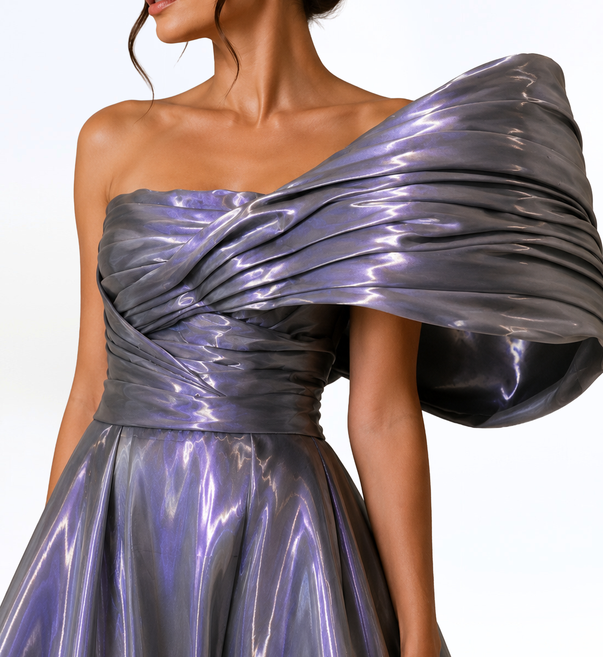 IRIDESCENT SILVER ONE SHOULDER BALL GOWN
