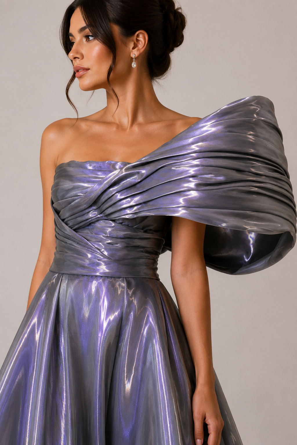 IRIDESCENT SILVER ONE-SHOULDER BALL GOWN