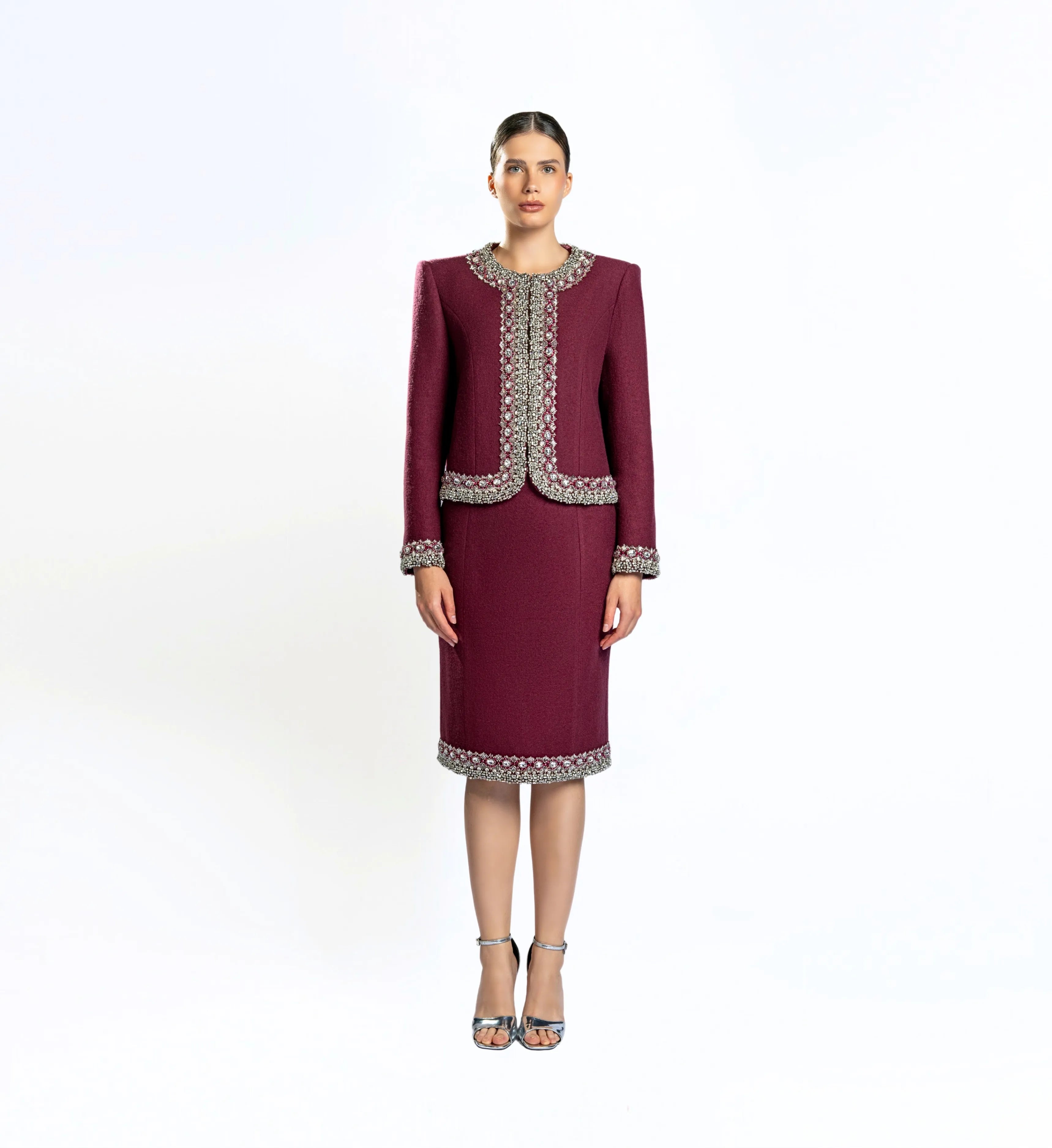 Beaded Wool Jacket, Short and Skirt – Red Rush