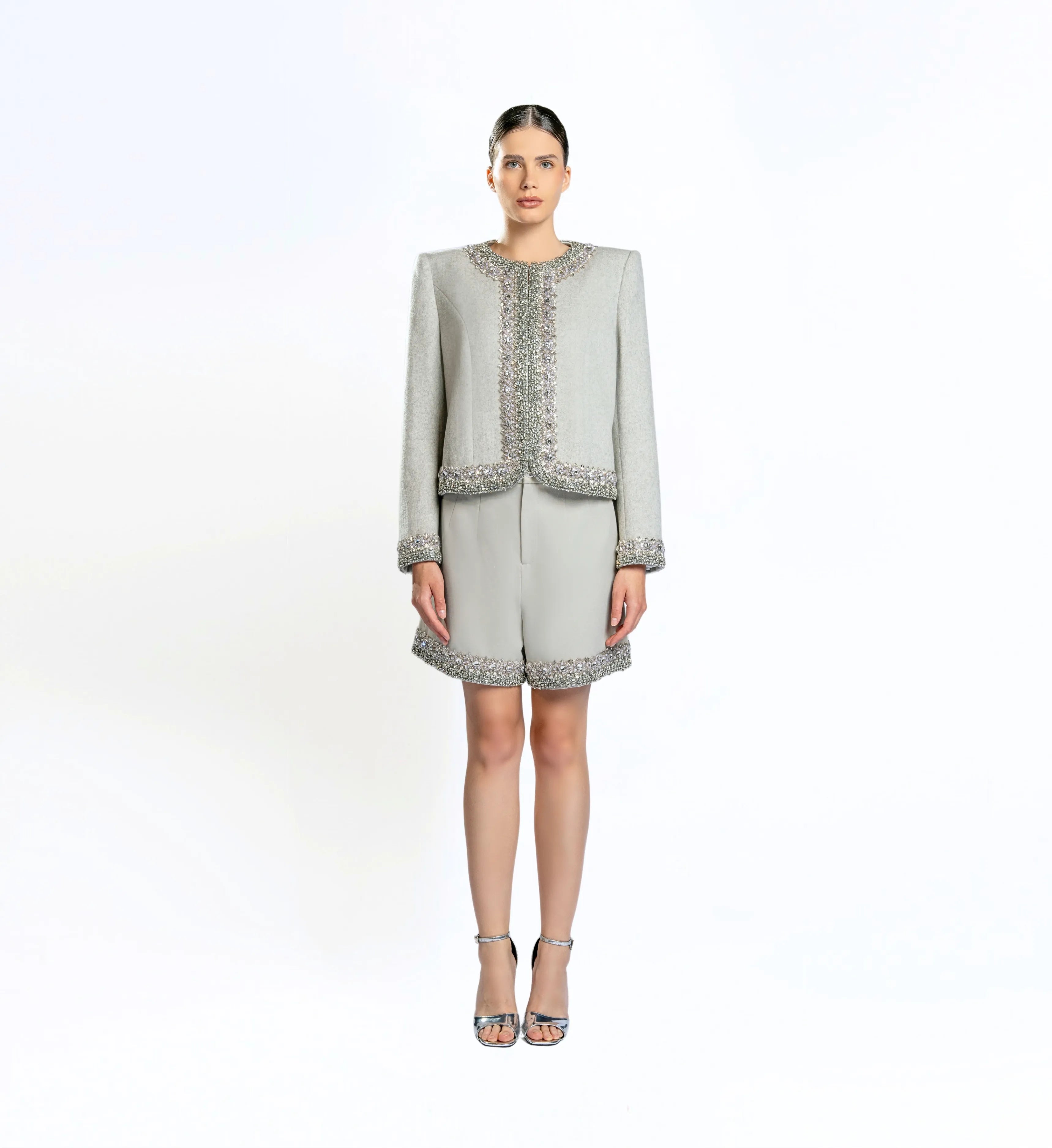 Beaded Wool Jacket, Short and Skirt – Ultimate Gray