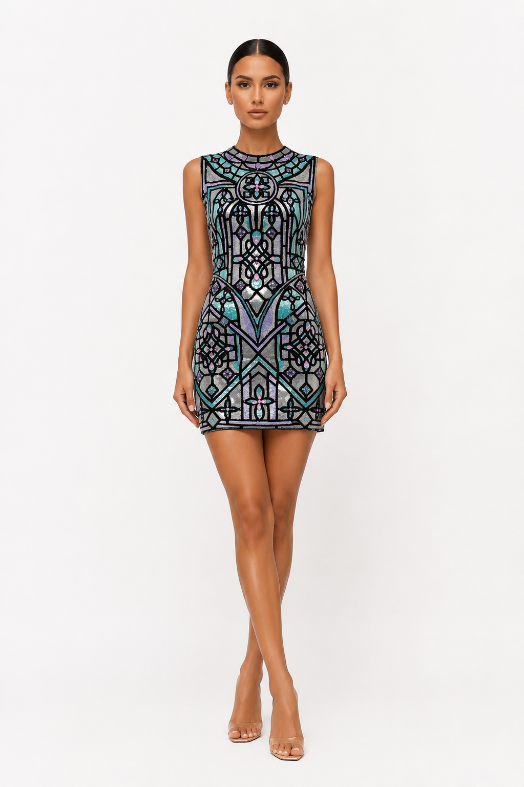 MULTICOLOR EMBELLISHED MINI DRESS