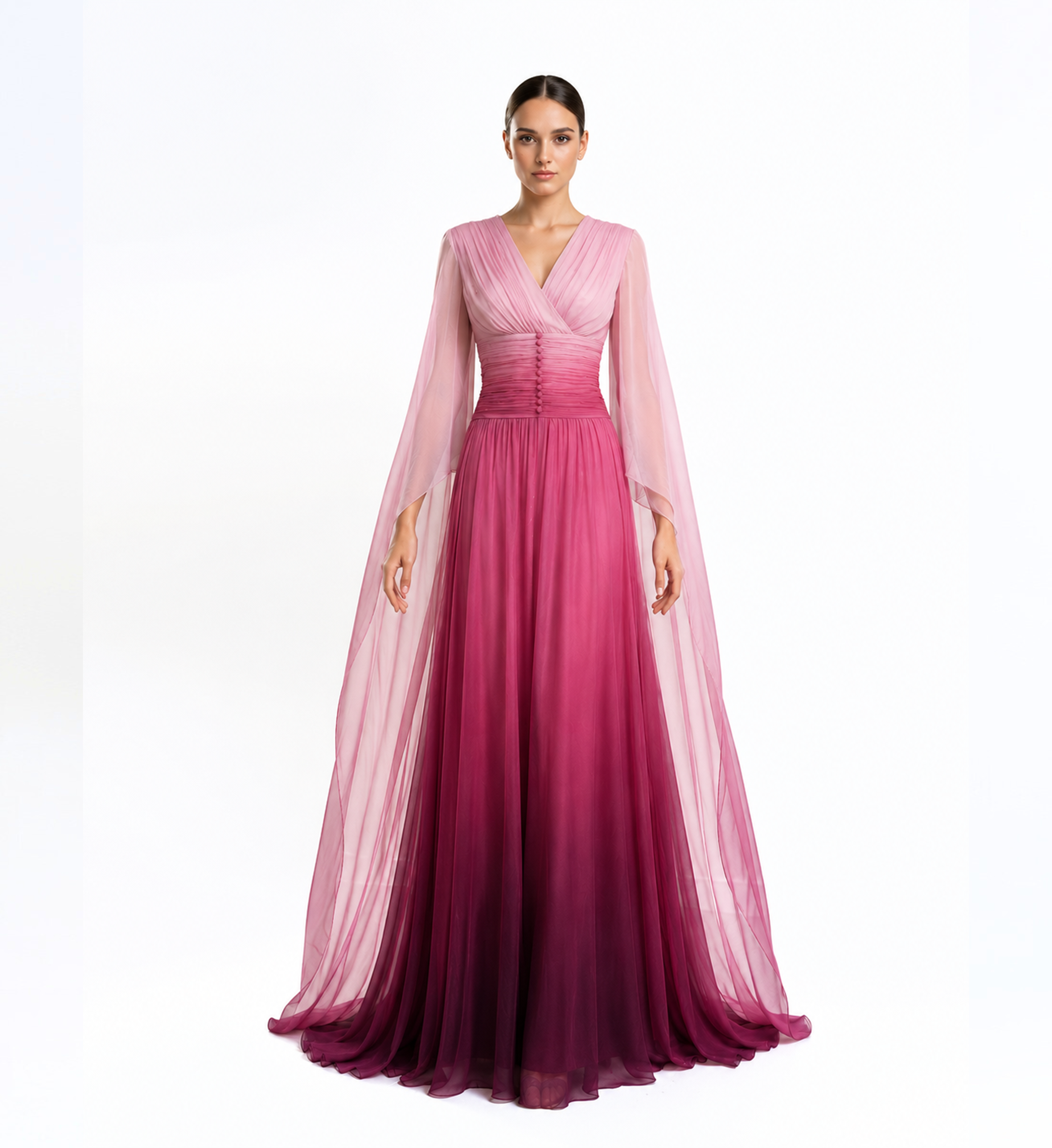 V-Neckline Long Dress With Cape