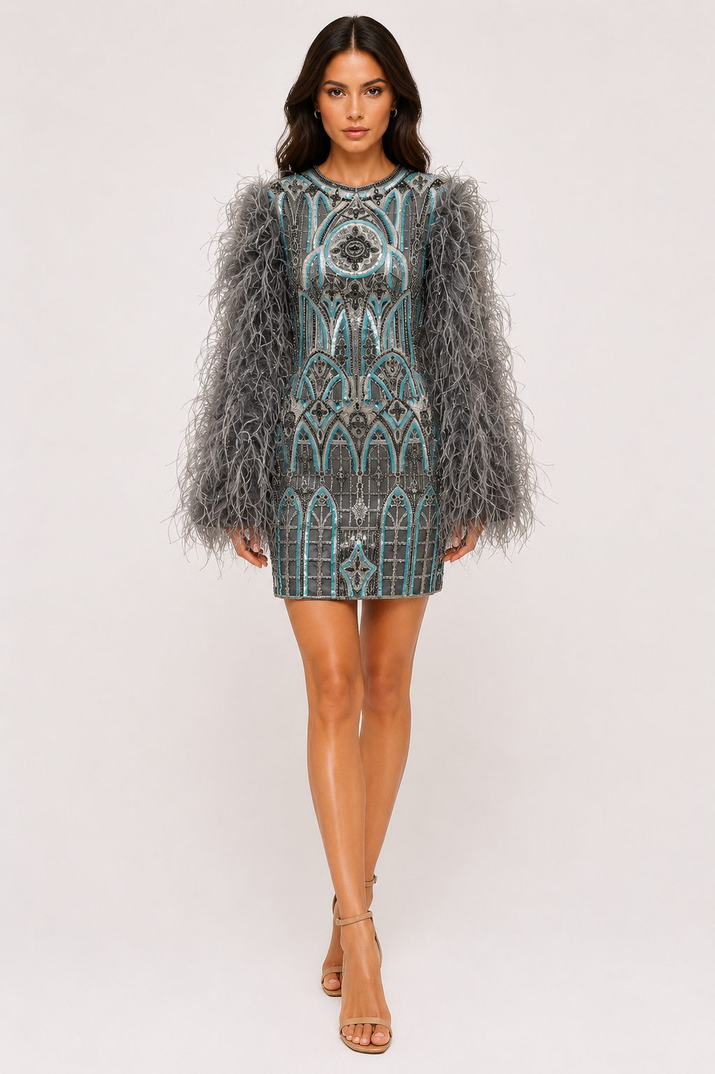 EMBELLISHED FEATHER LONGSLEEVES  MINI DRESS