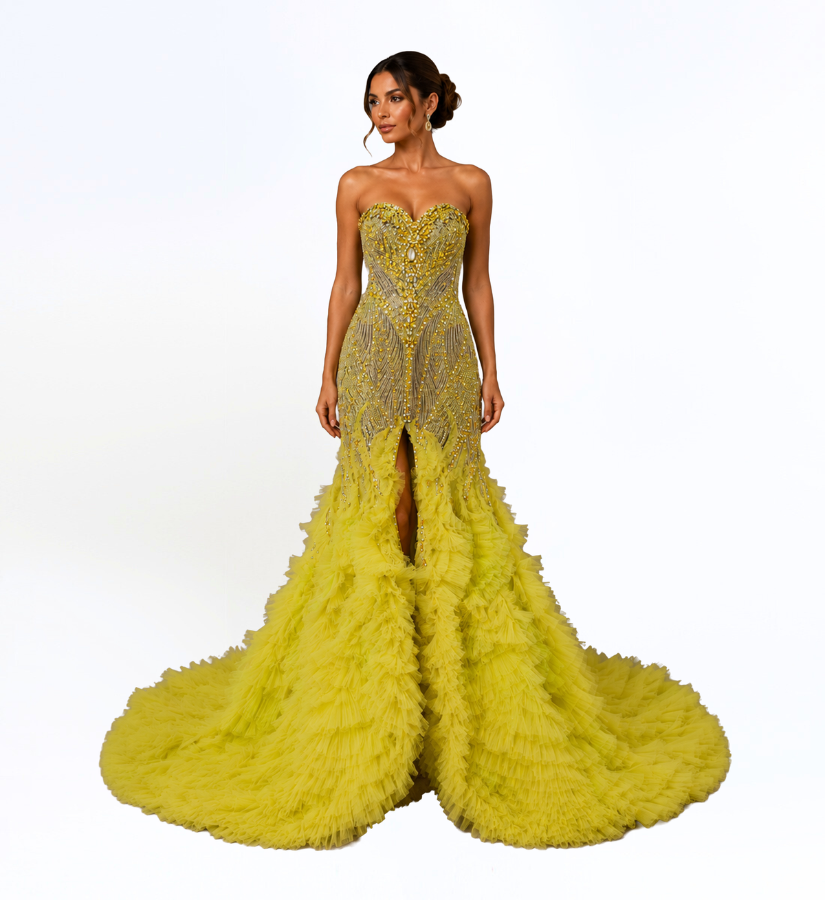 EMBELLISHED RUFFLE GOWN