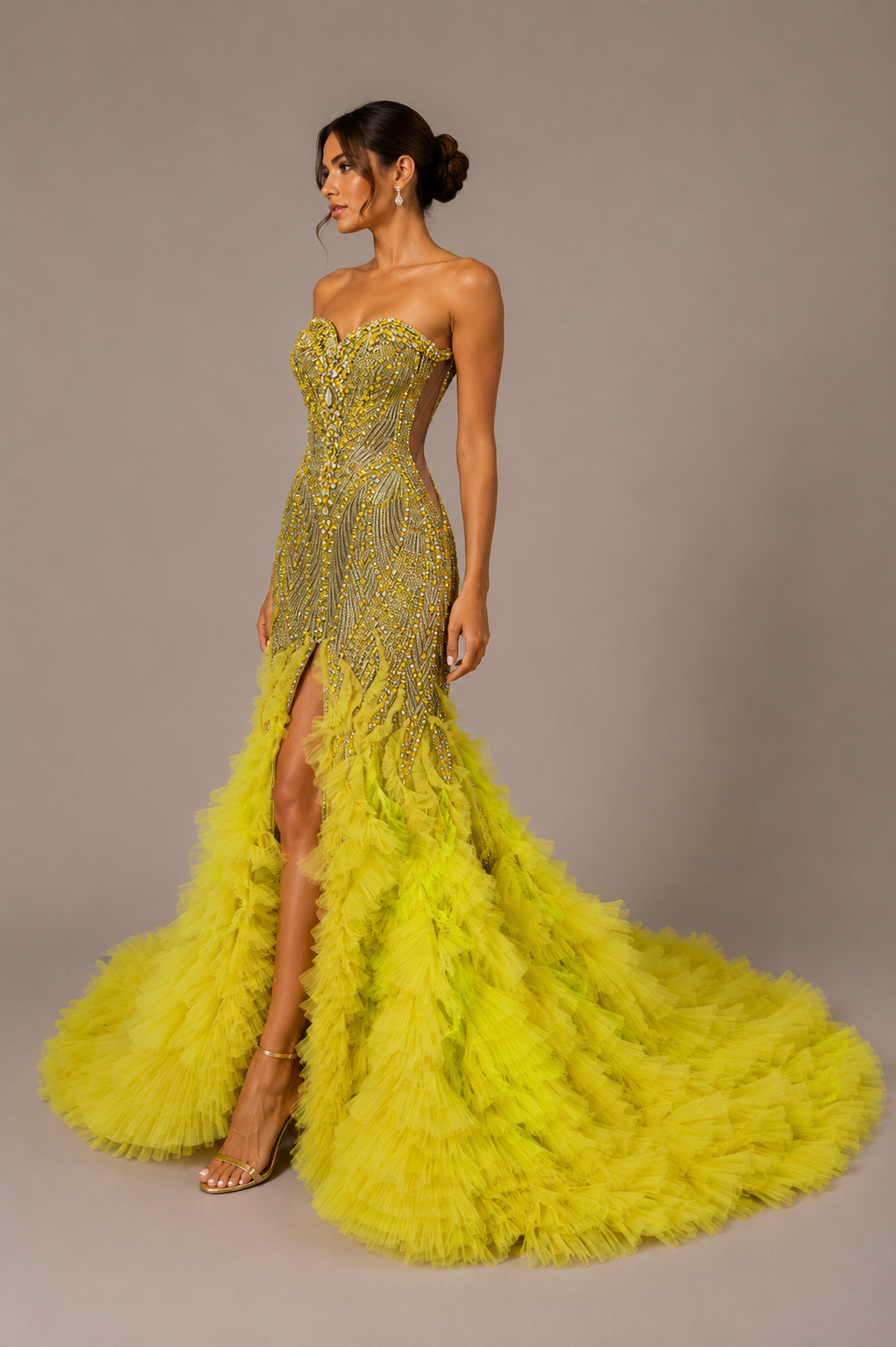 EMBELLISHED RUFFLE GOWN