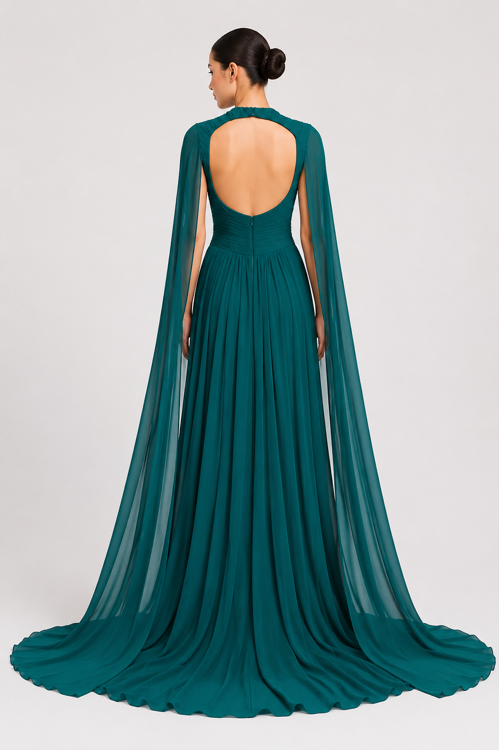 Silk Chiffon Long Dress With Cape