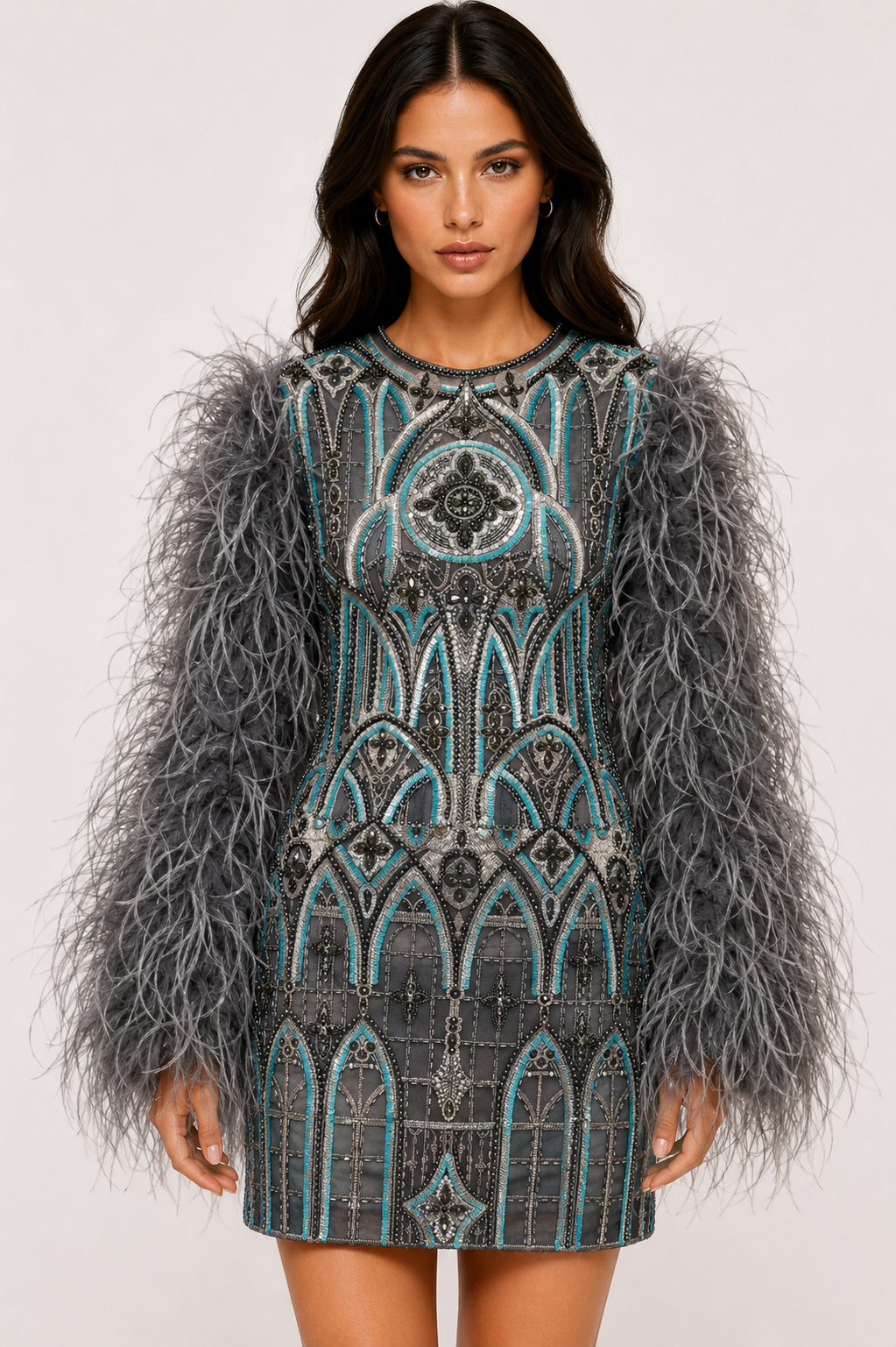 EMBELLISHED FEATHER LONGSLEEVES  MINI DRESS