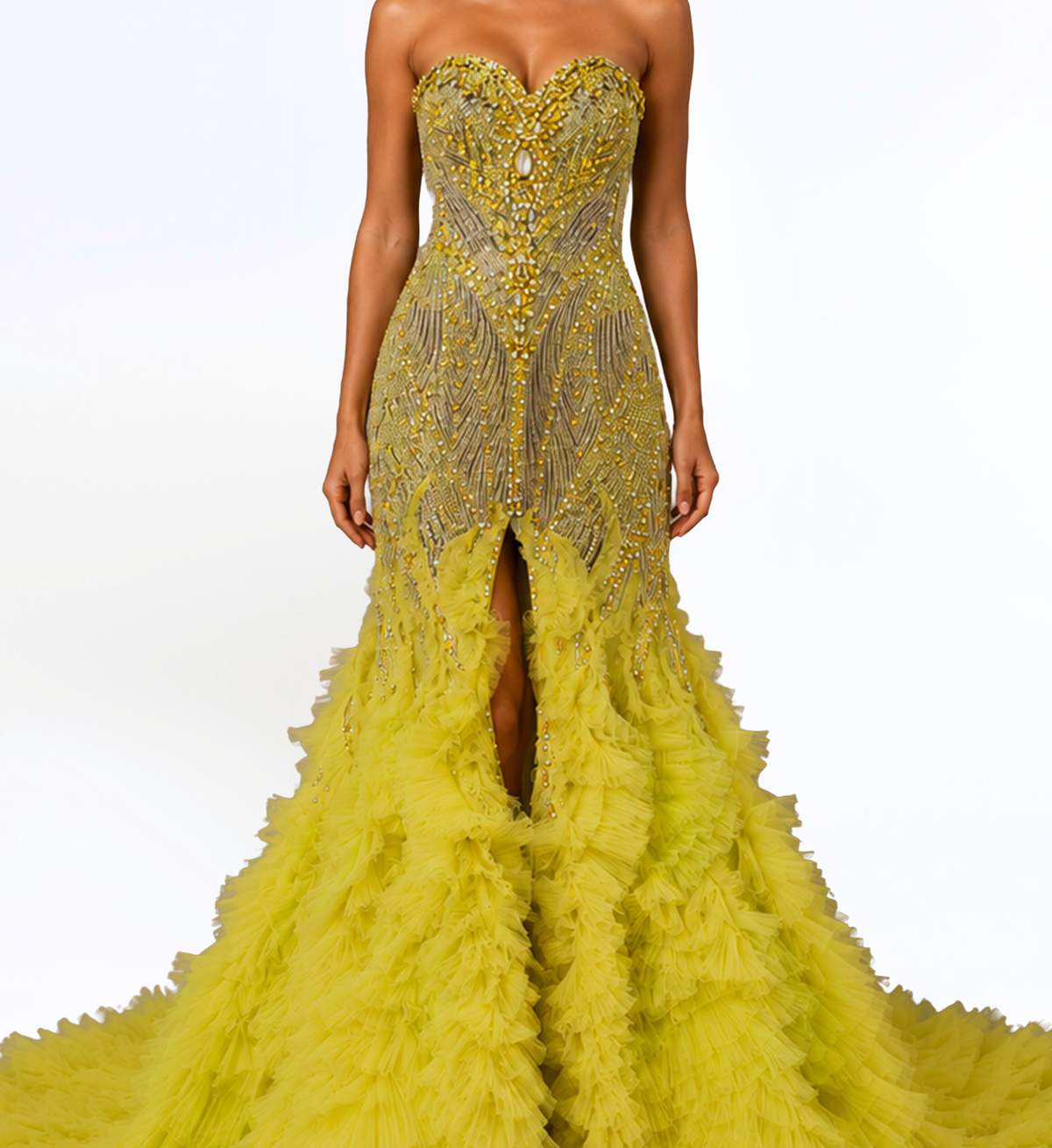 EMBELLISHED RUFFLE GOWN