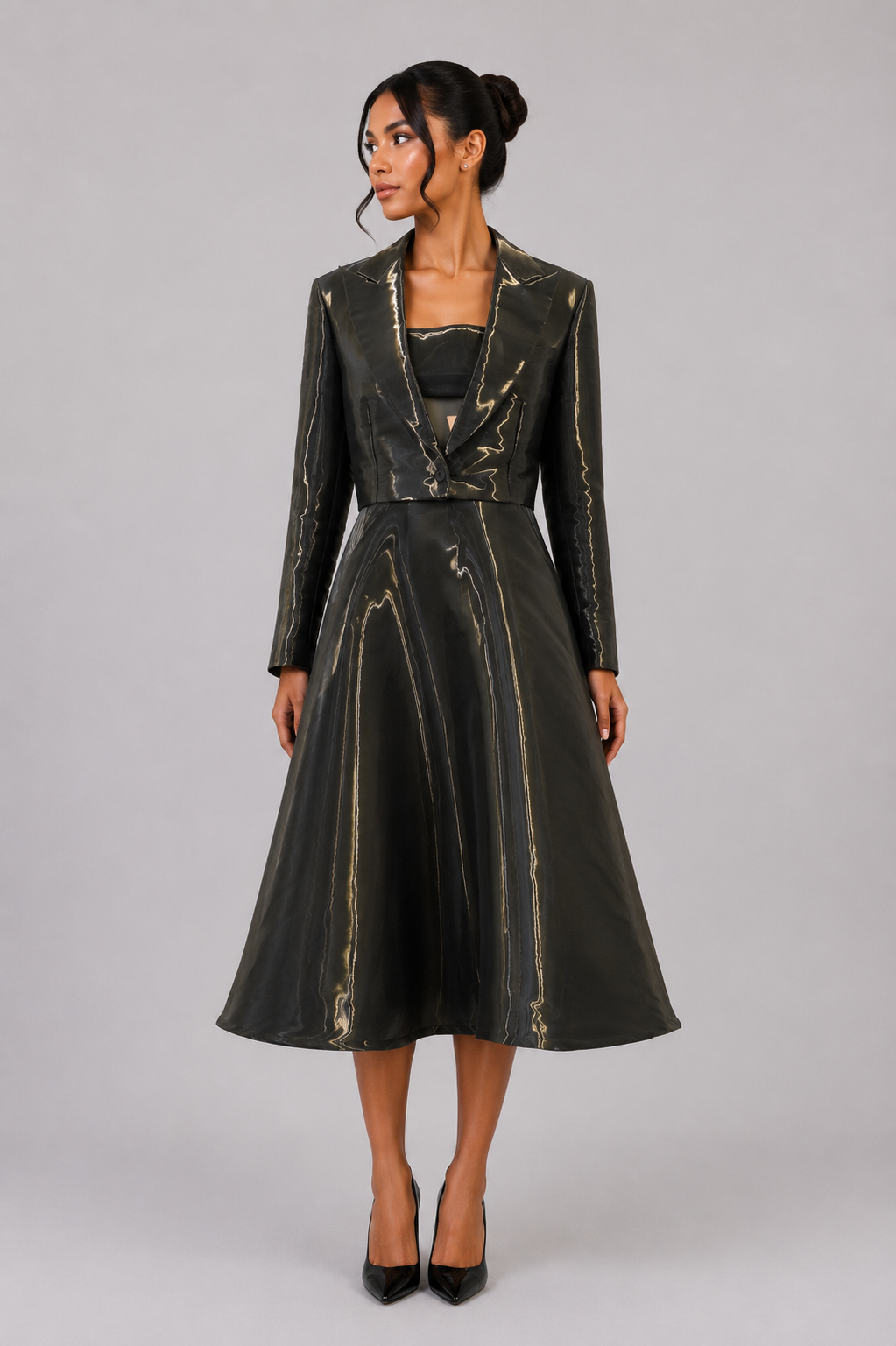 BLACK IRIDESCENT TAILORED MIDI DRESS