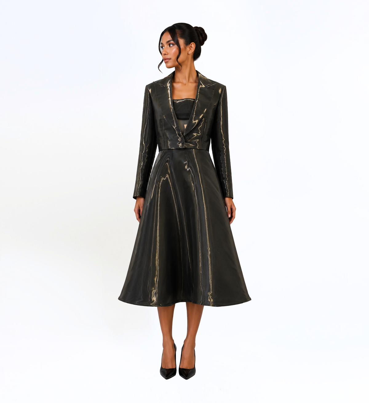 BLACK IRIDESCENT TAILORED MIDI DRESS
