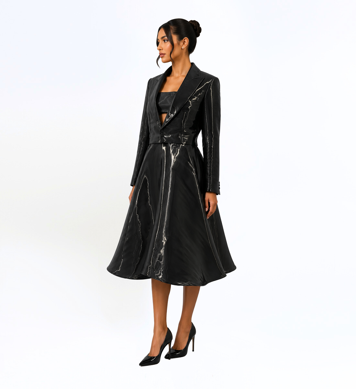 BLACK IRIDESCENT TAILORED MIDI DRESS