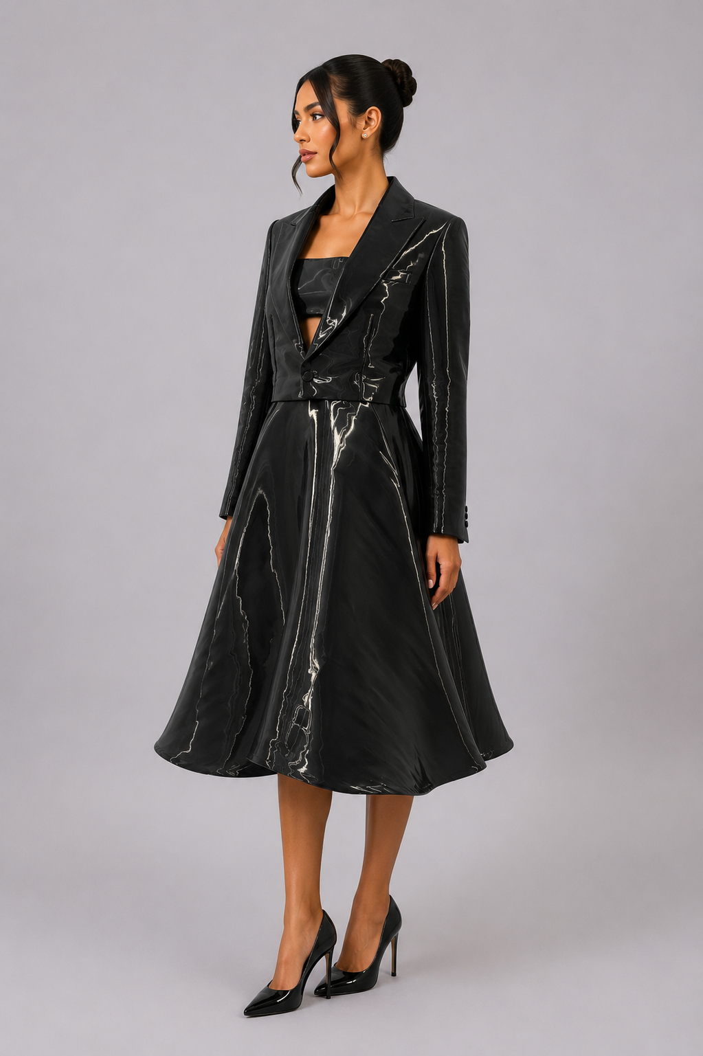 BLACK IRIDESCENT TAILORED MIDI DRESS