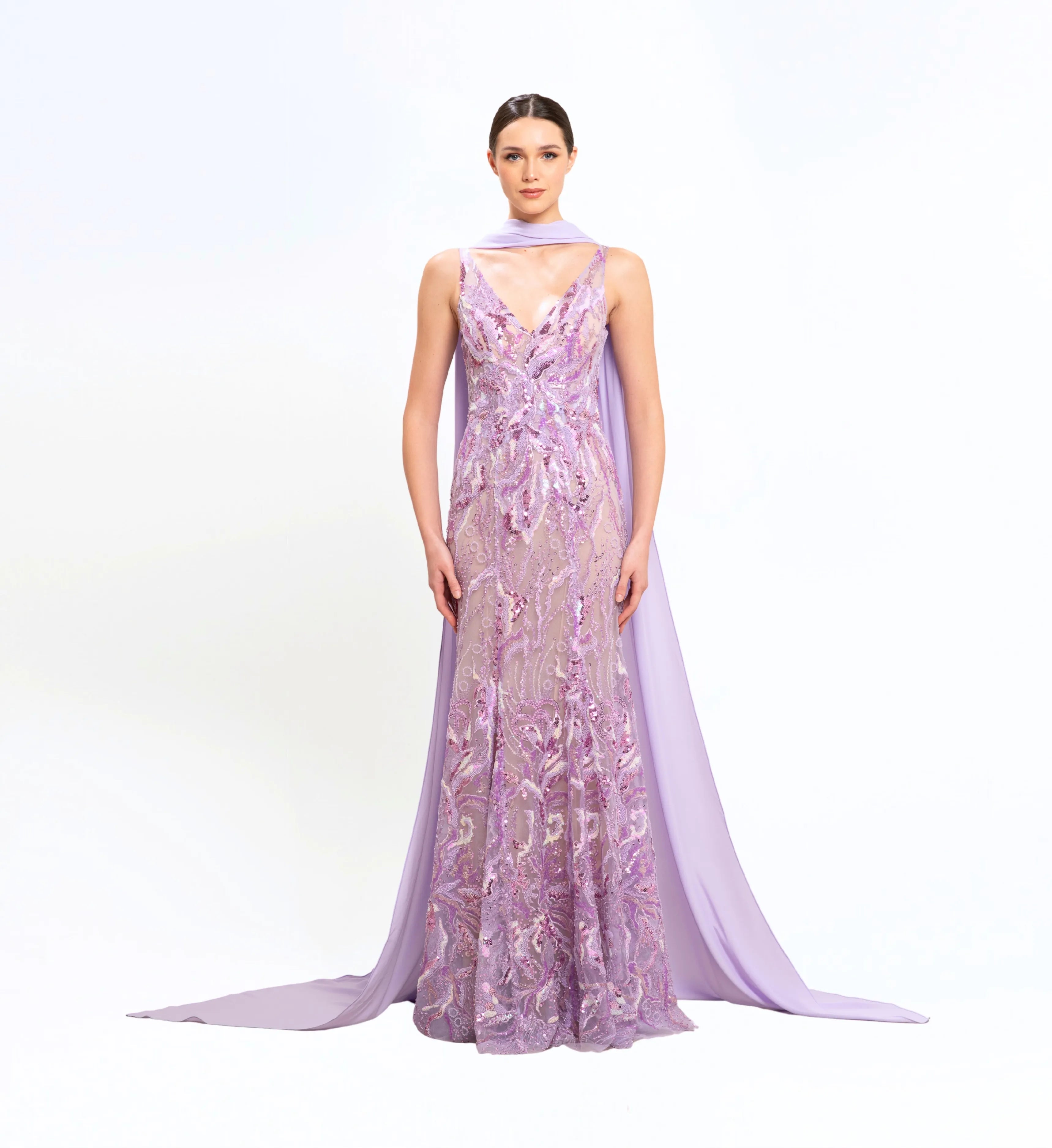 BEAD EMBROIDERED LONG DRESS WITH SCARF