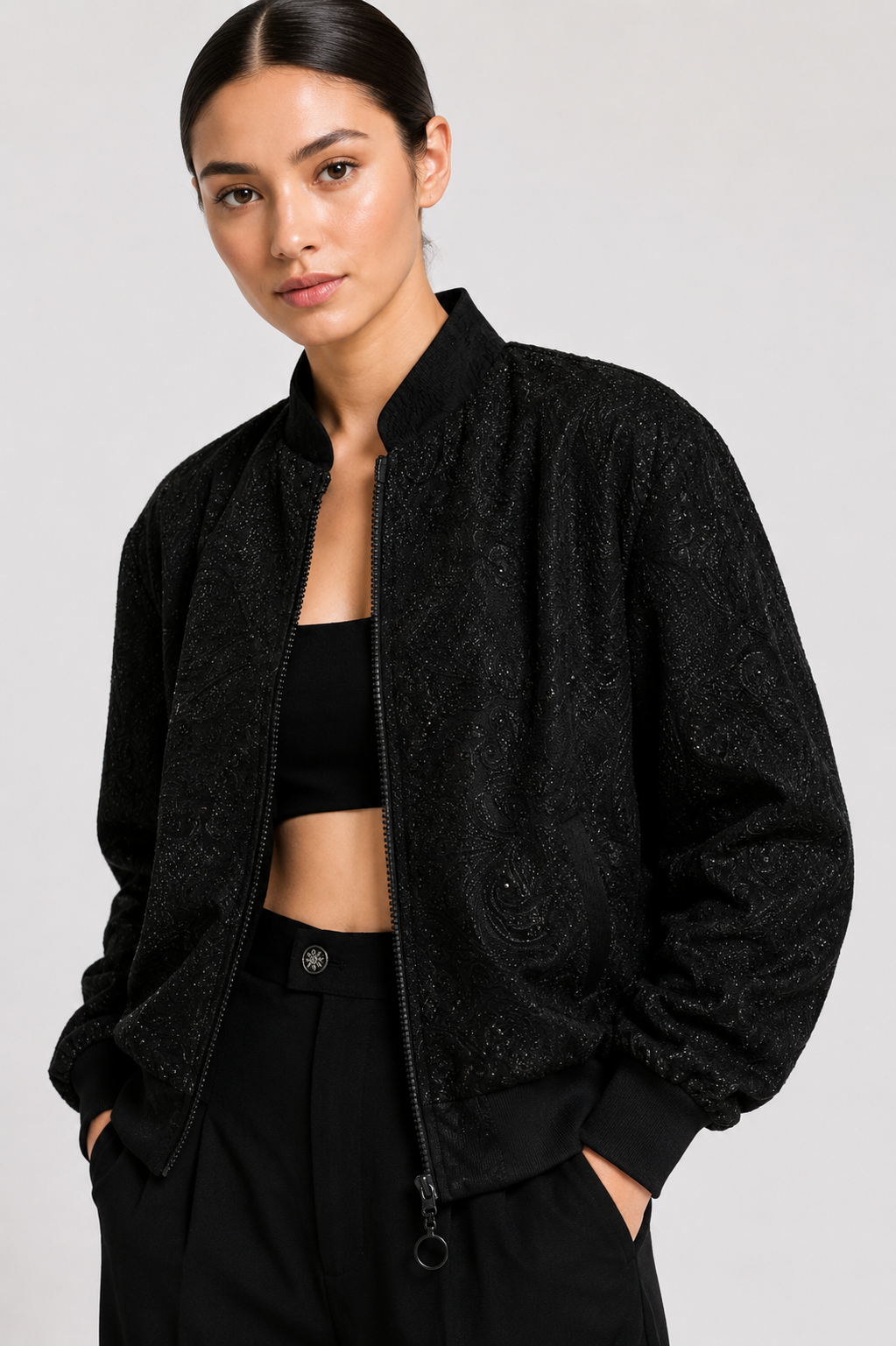 Embroidered Crepe Bomber Jacket