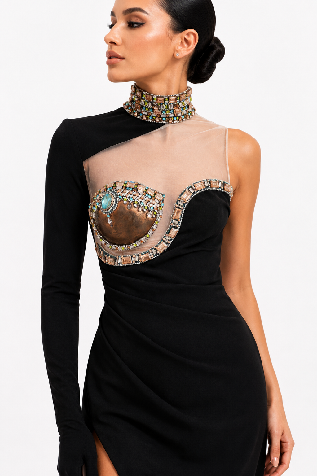 Crepe Beaded Tulle Assymetric Long Dress