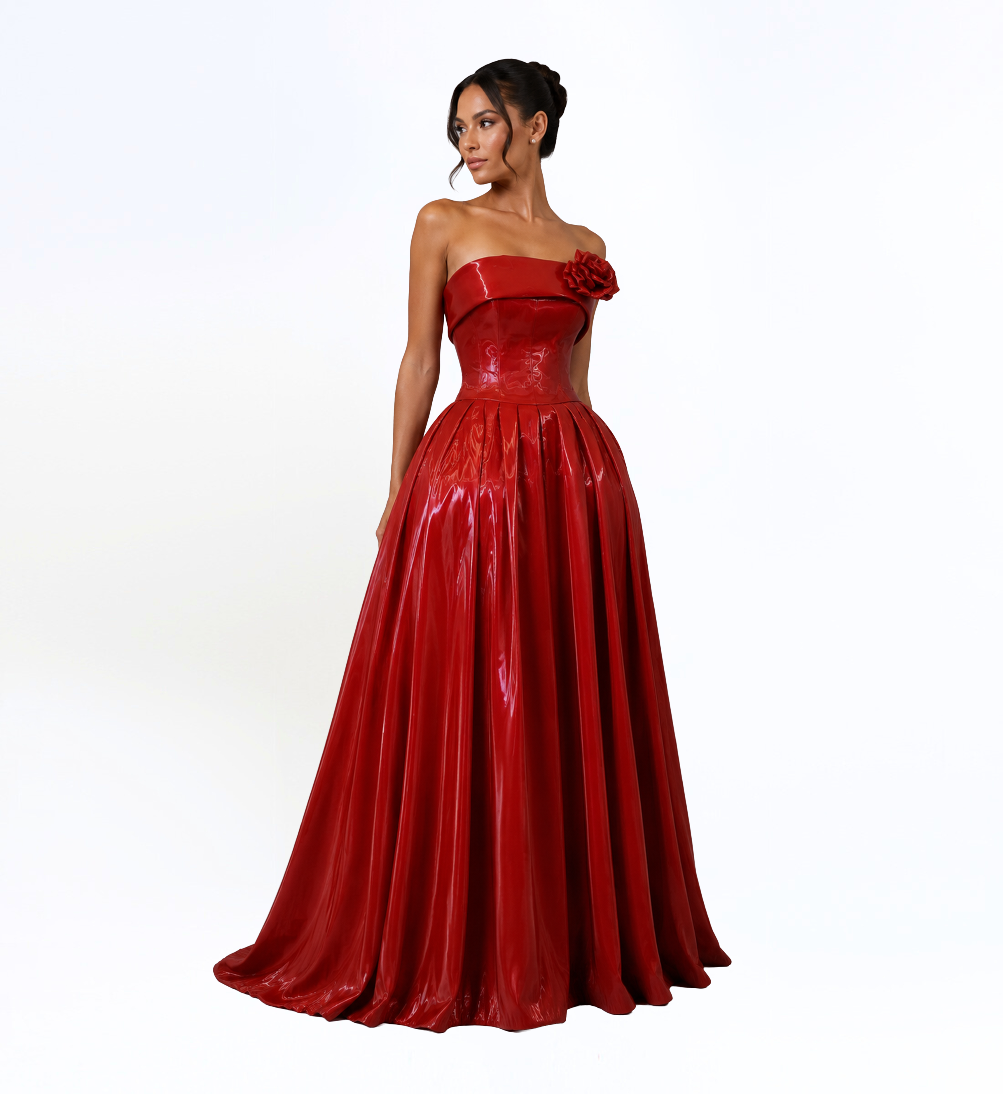 CRIMSON PATENT STRAPLESS BALL GOWN