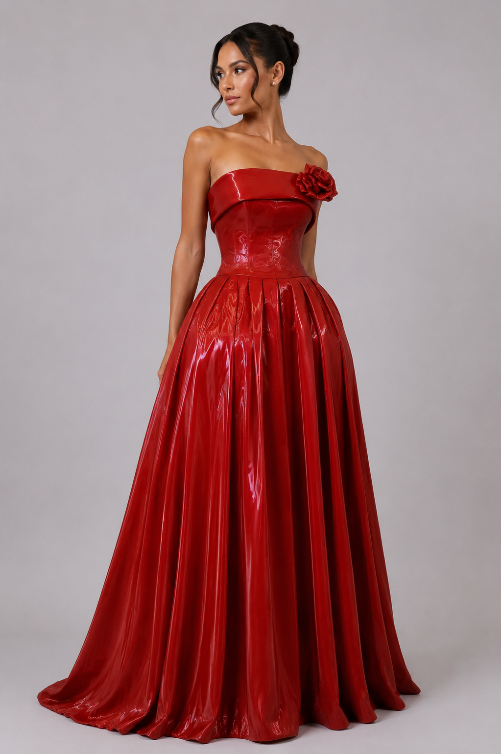 CRIMSON PATENT STRAPLESS BALL GOWN
