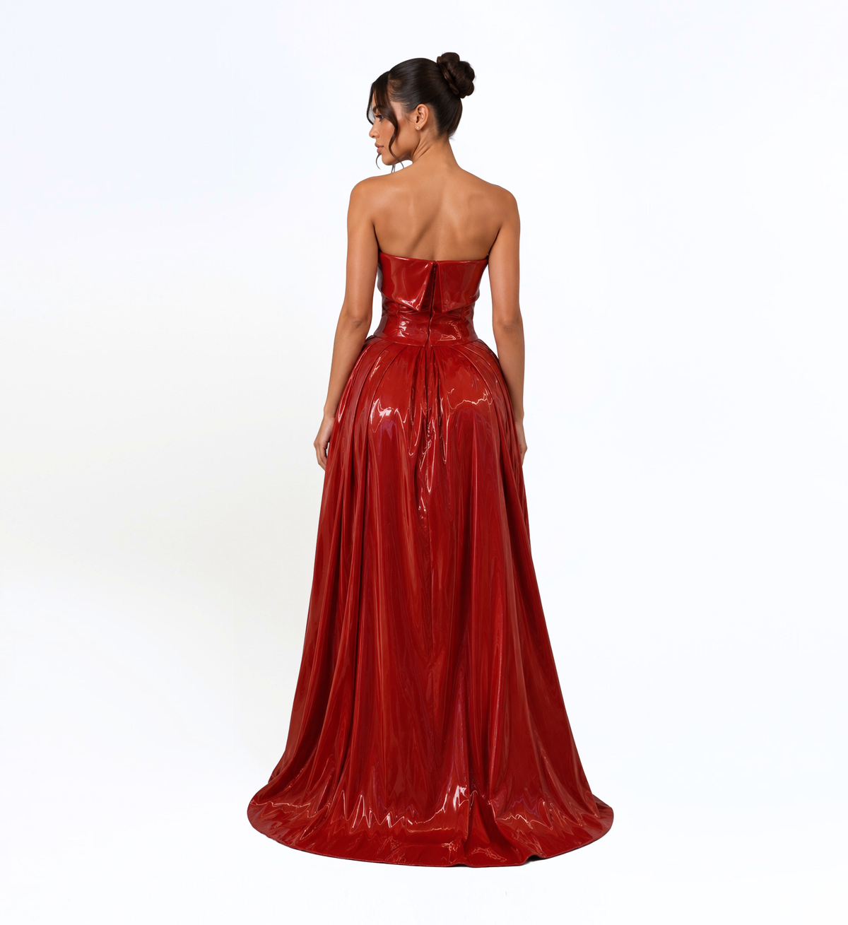 CRIMSON PATENT STRAPLESS BALL GOWN