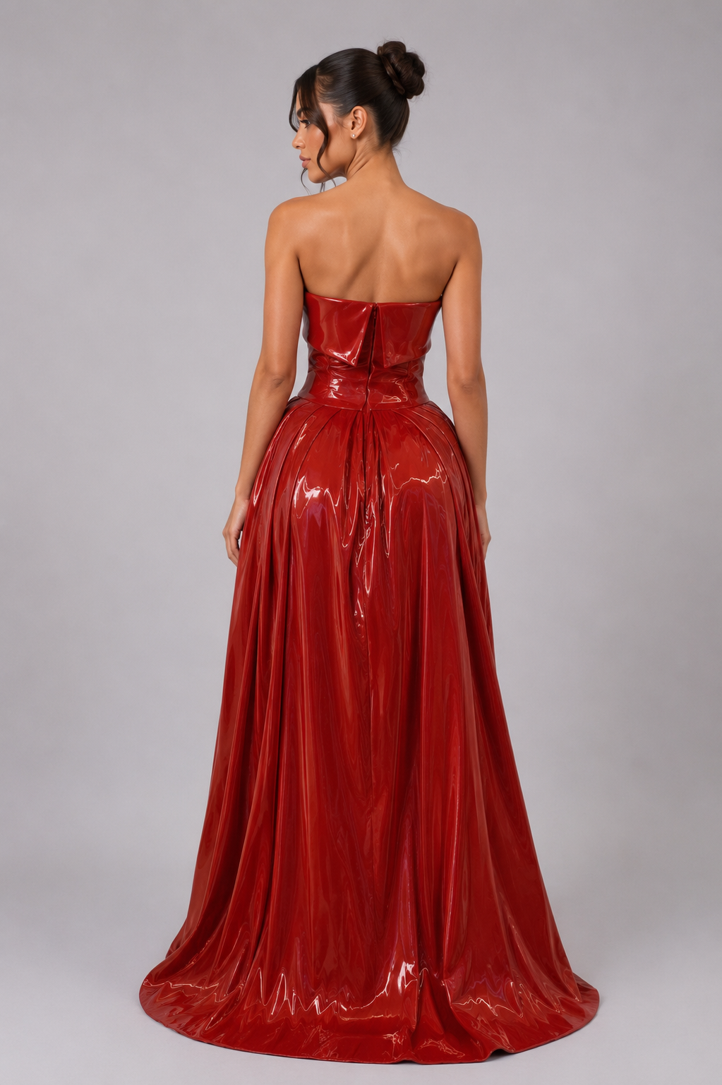 CRIMSON PATENT STRAPLESS BALL GOWN