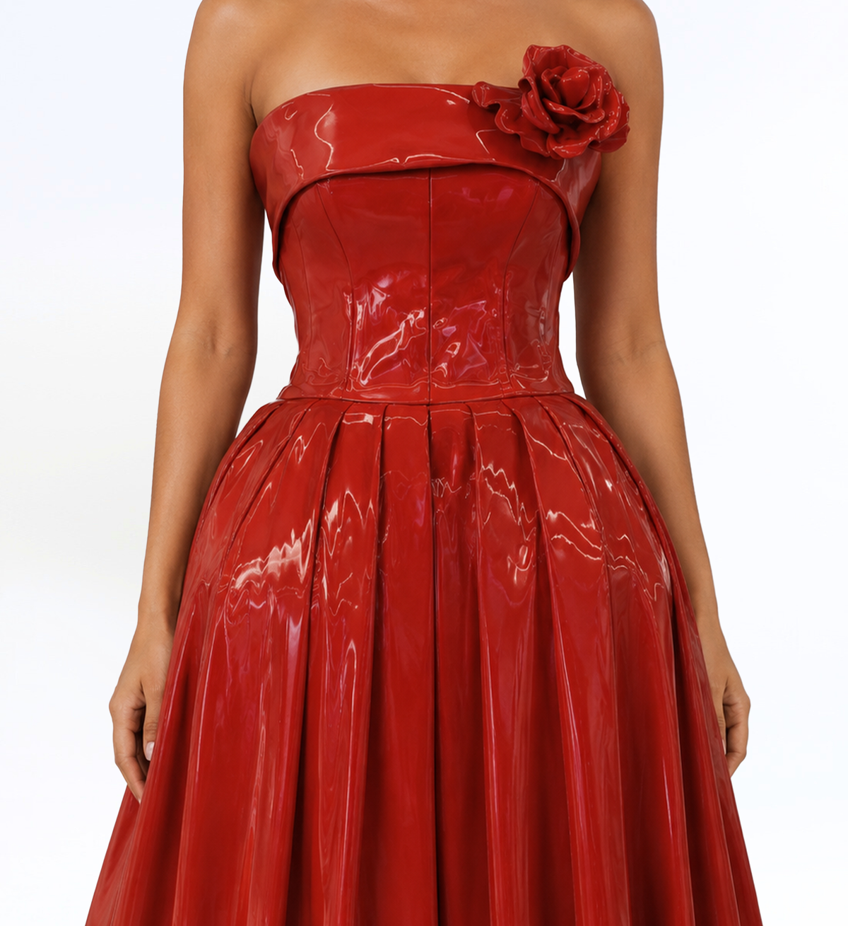CRIMSON PATENT STRAPLESS BALL GOWN