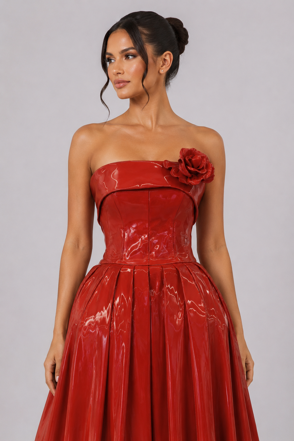 CRIMSON PATENT STRAPLESS BALL GOWN