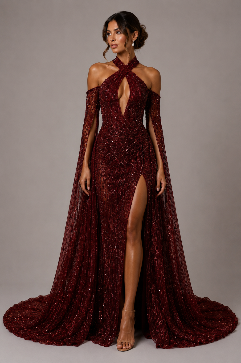 EMBELLISHED HALTER CAPE GOWN