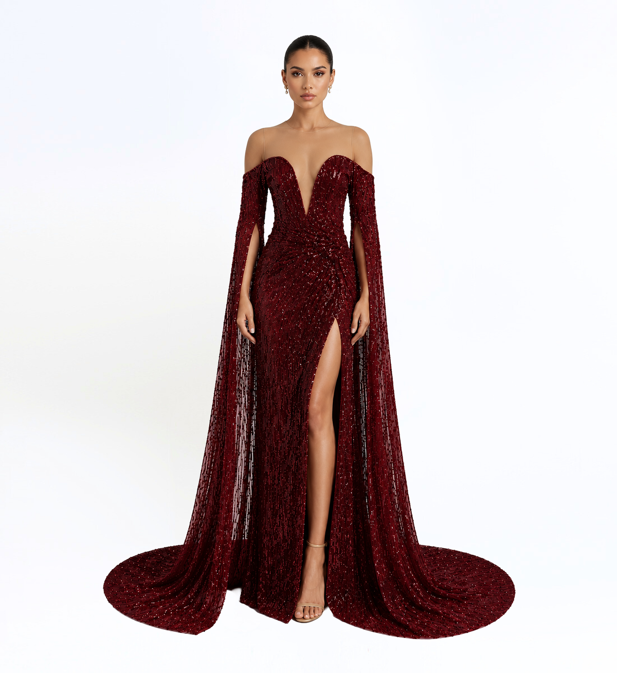 EMBELLISHED HALTER CAPE GOWN