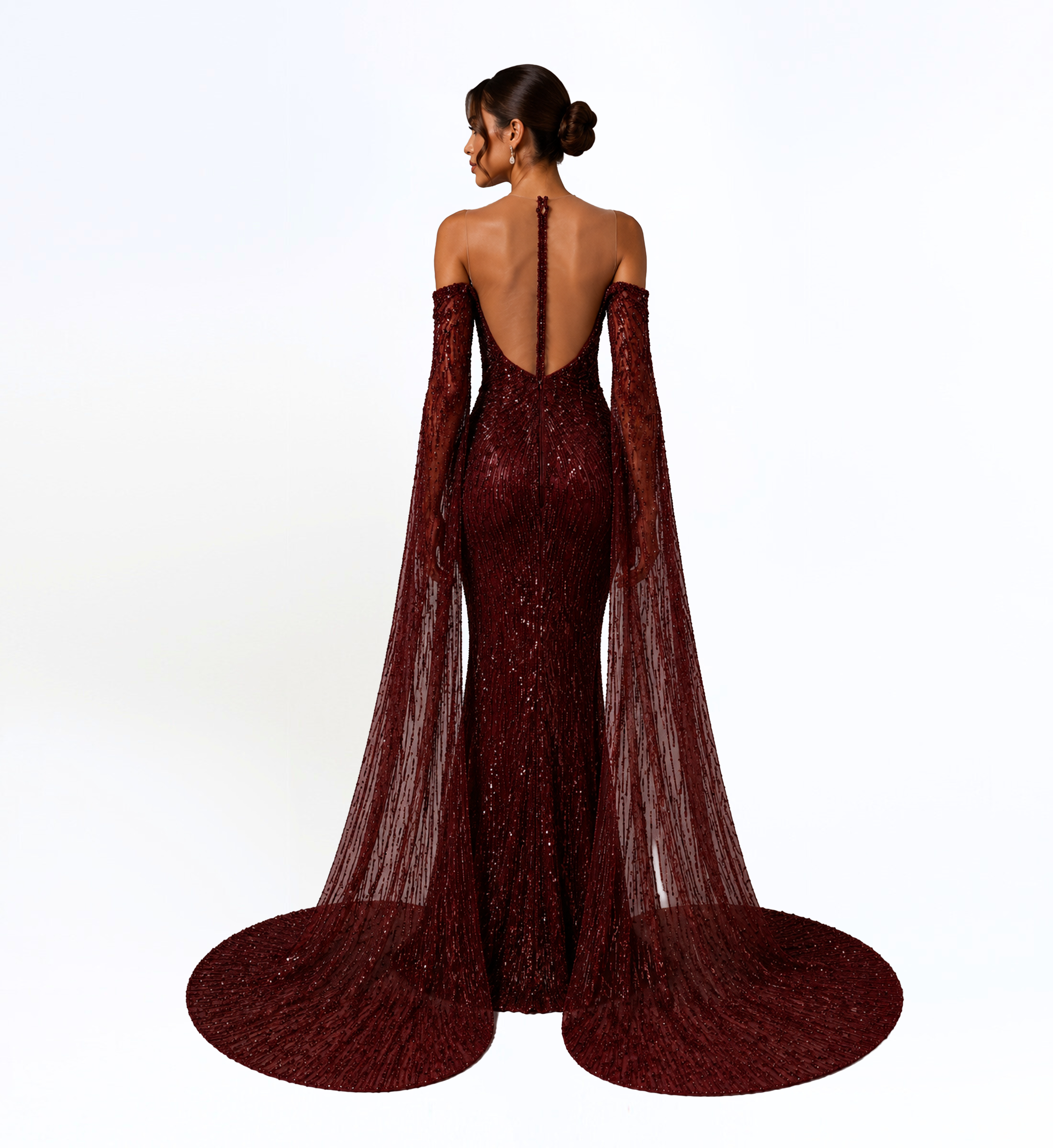 EMBELLISHED HALTER CAPE GOWN