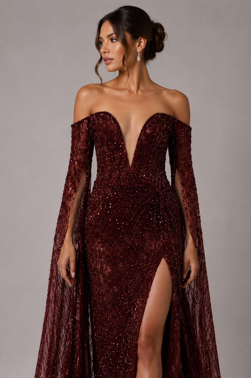 EMBELLISHED HALTER CAPE GOWN