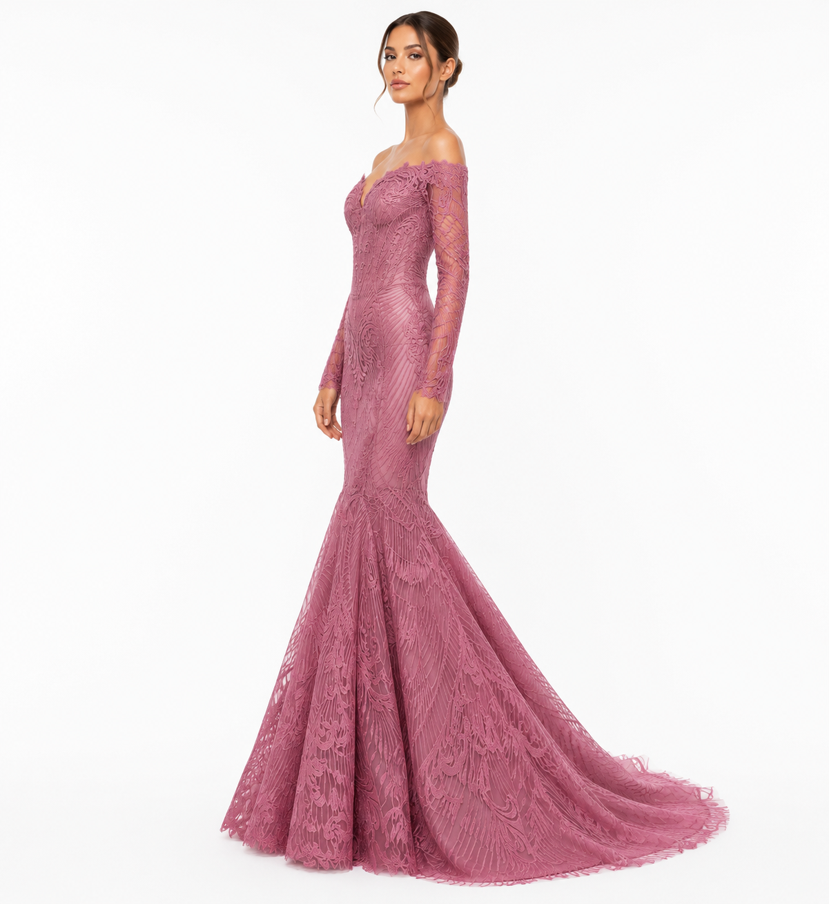 OFF-SHOULDER THREAD EMBROIDERED GOWN
