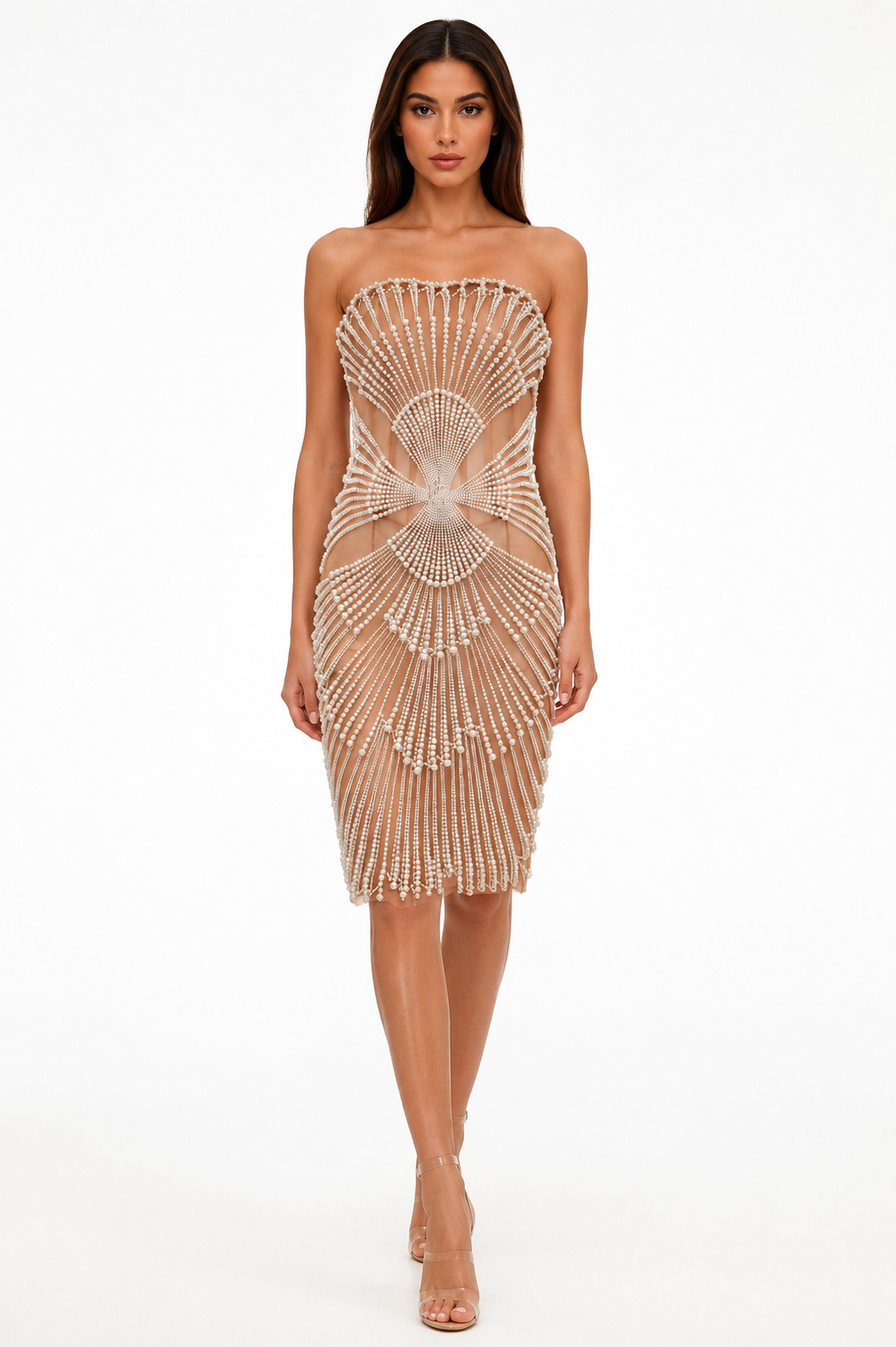 NUDE STRAPLESS PEARL MIDI DRESS