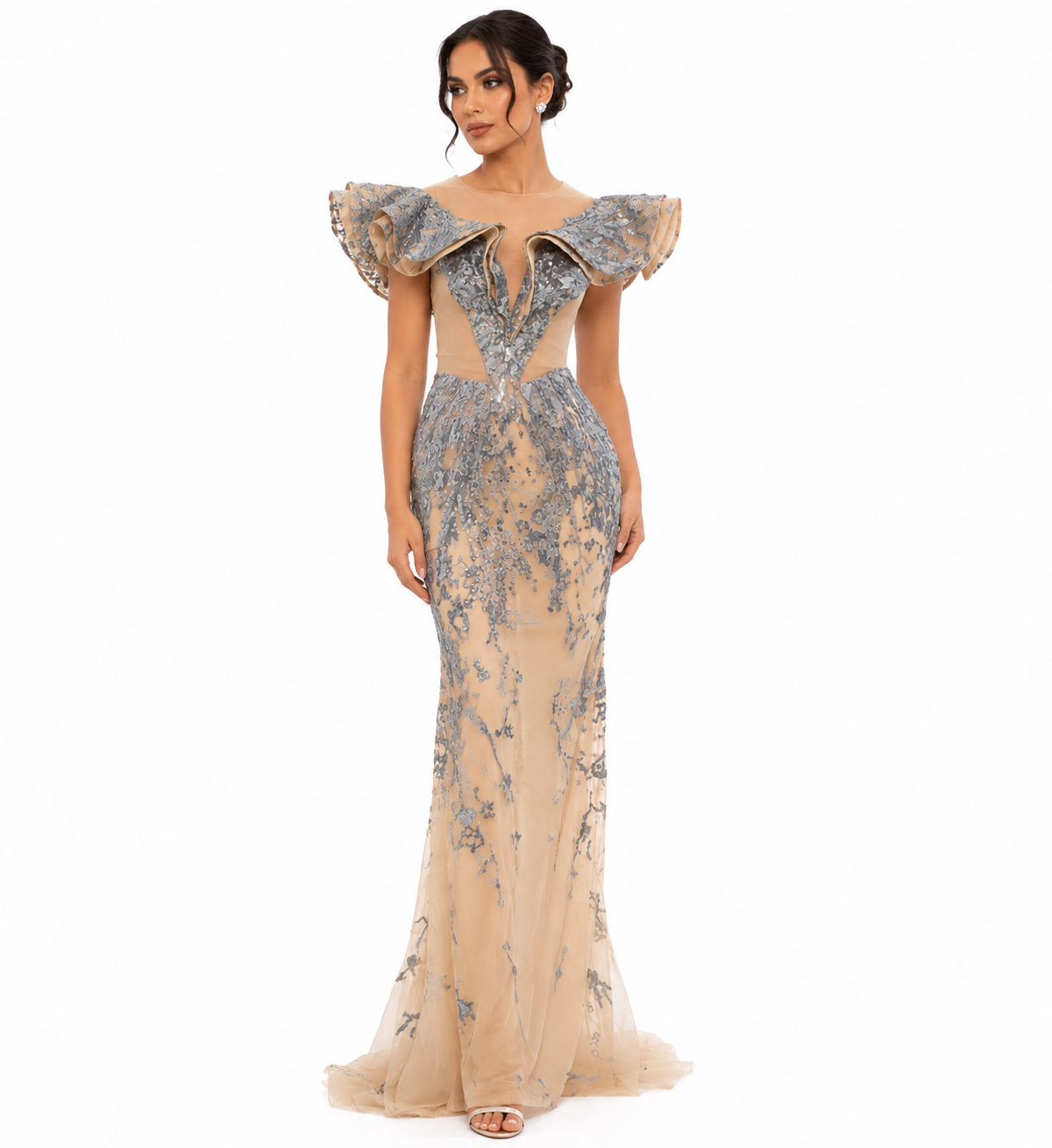 RUFFLE EMBROIDERED GOWN