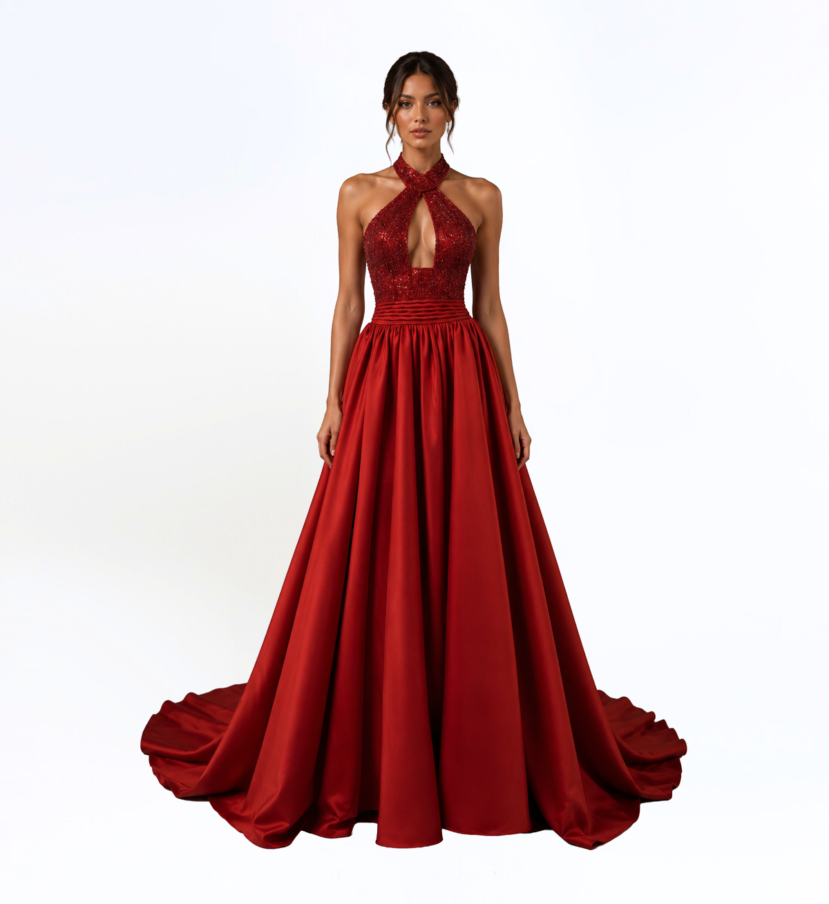 CRIMSON HALTER BALL GOWN